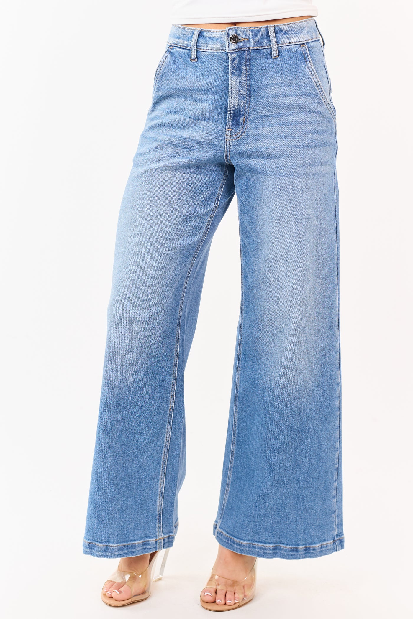 Cello Medium Wash Slant Pocket Wide Stretch Jeans