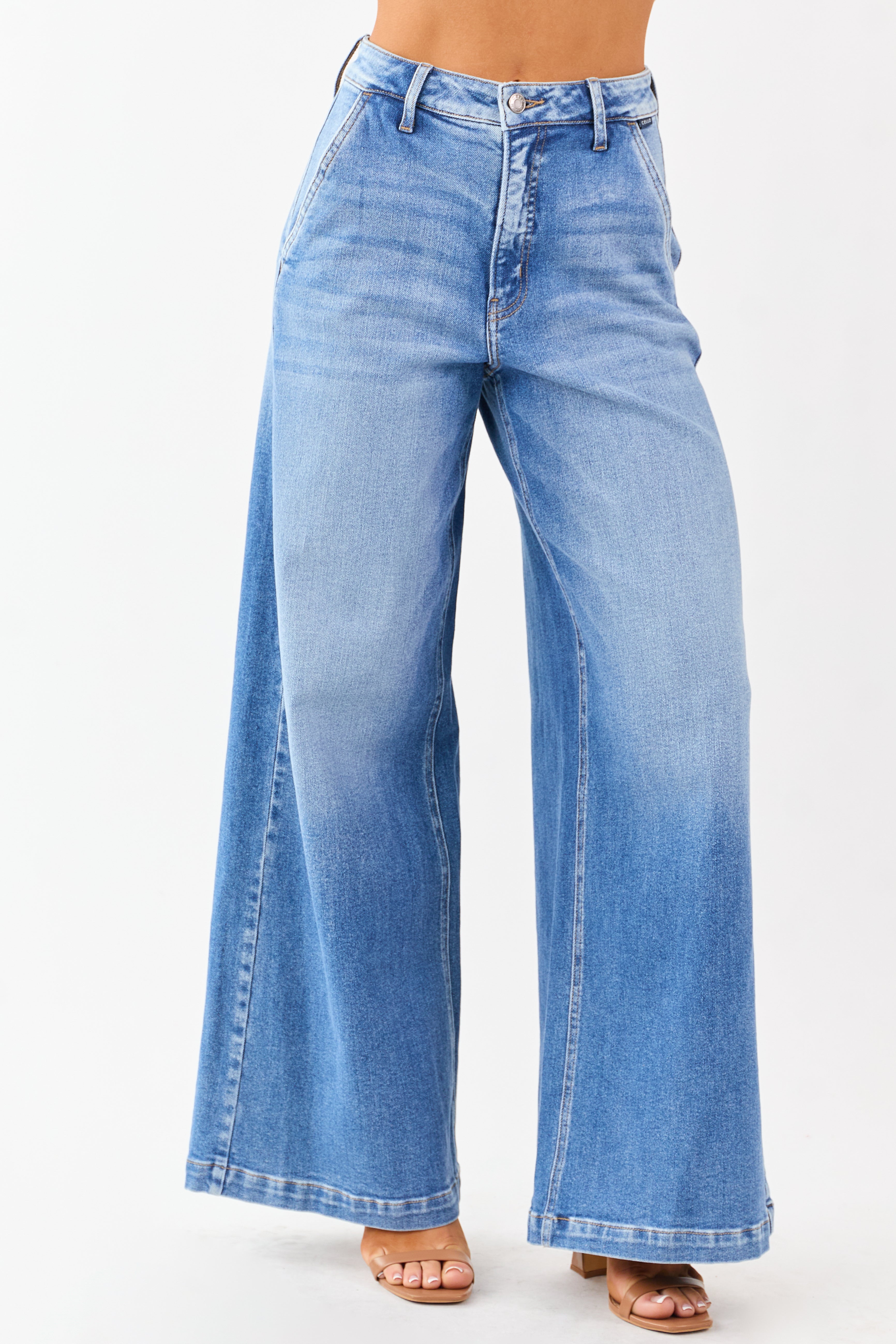 Cello Medium Wash Slant Pocket Wide Stretch Jeans