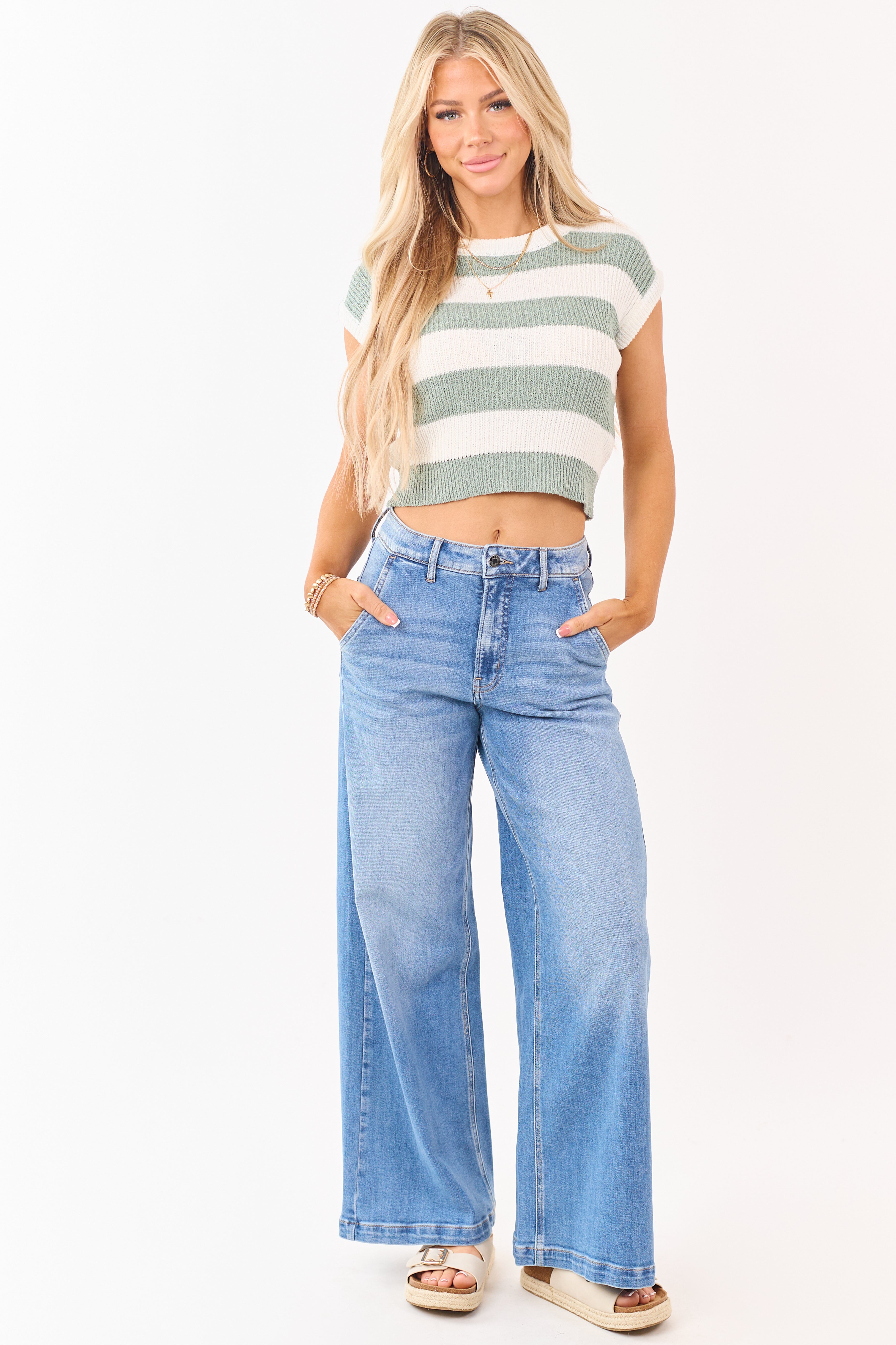 Cello Medium Wash Slant Pocket Wide Stretch Jeans