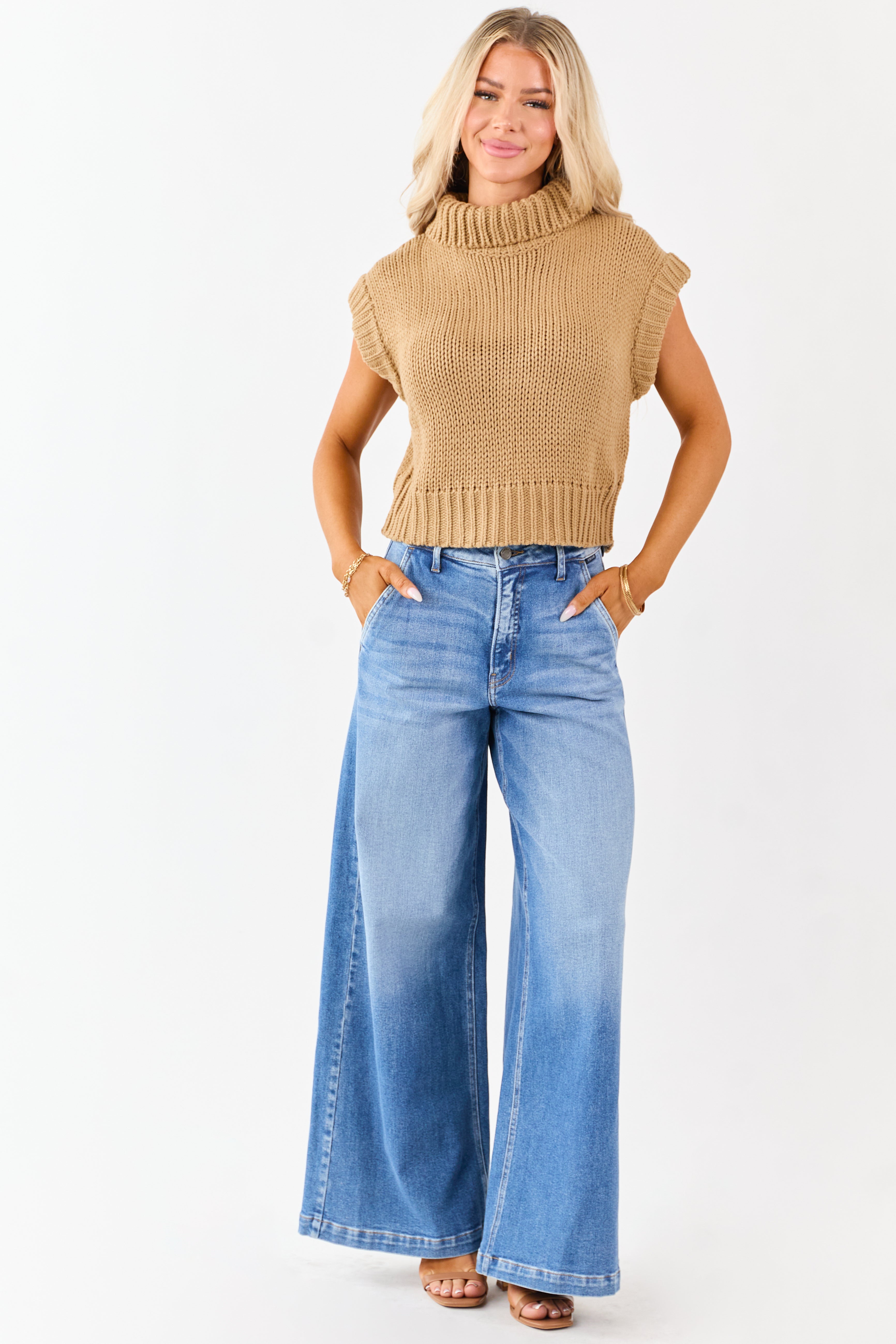 Cello Medium Wash Slant Pocket Wide Stretch Jeans