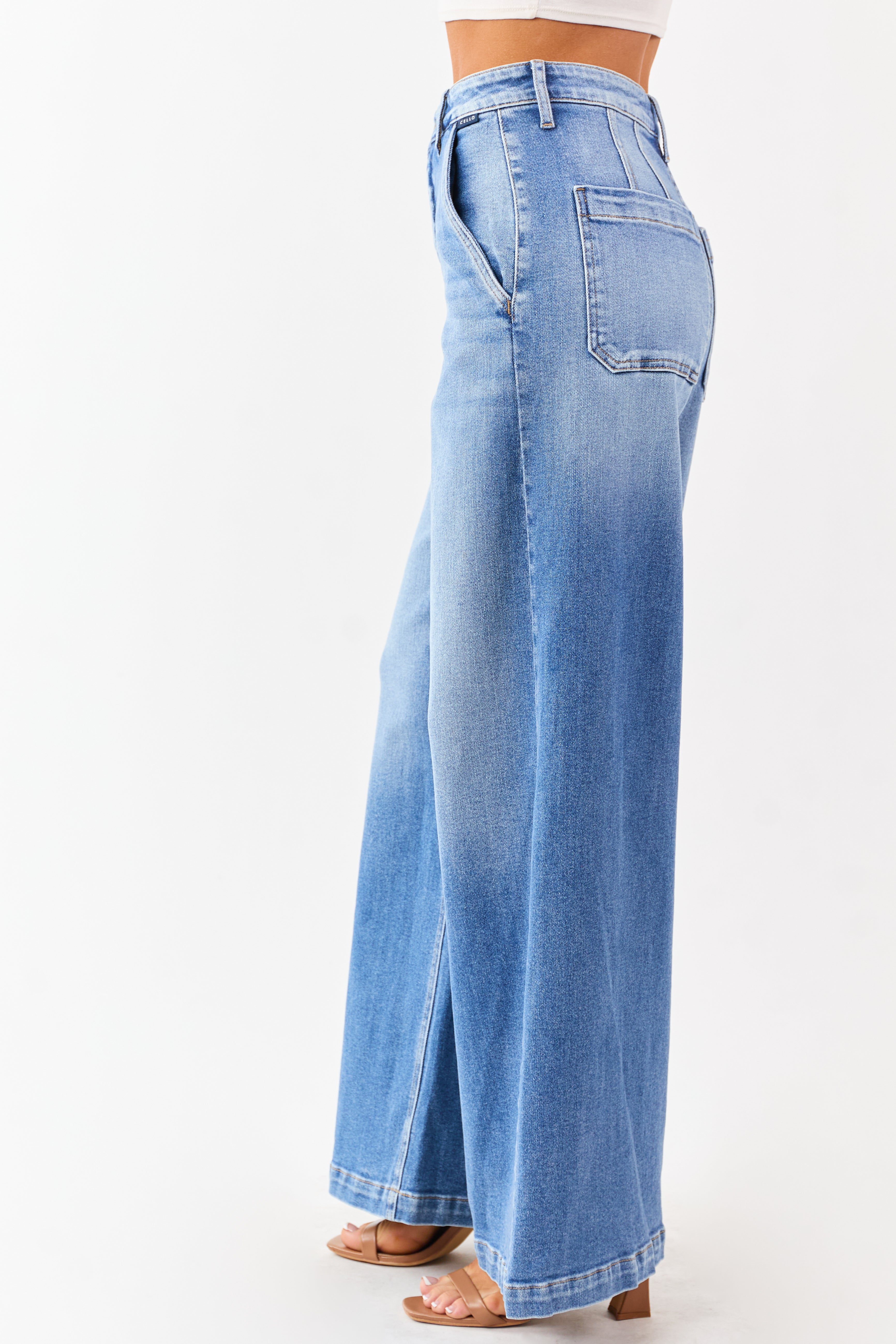 Cello Medium Wash Slant Pocket Wide Stretch Jeans