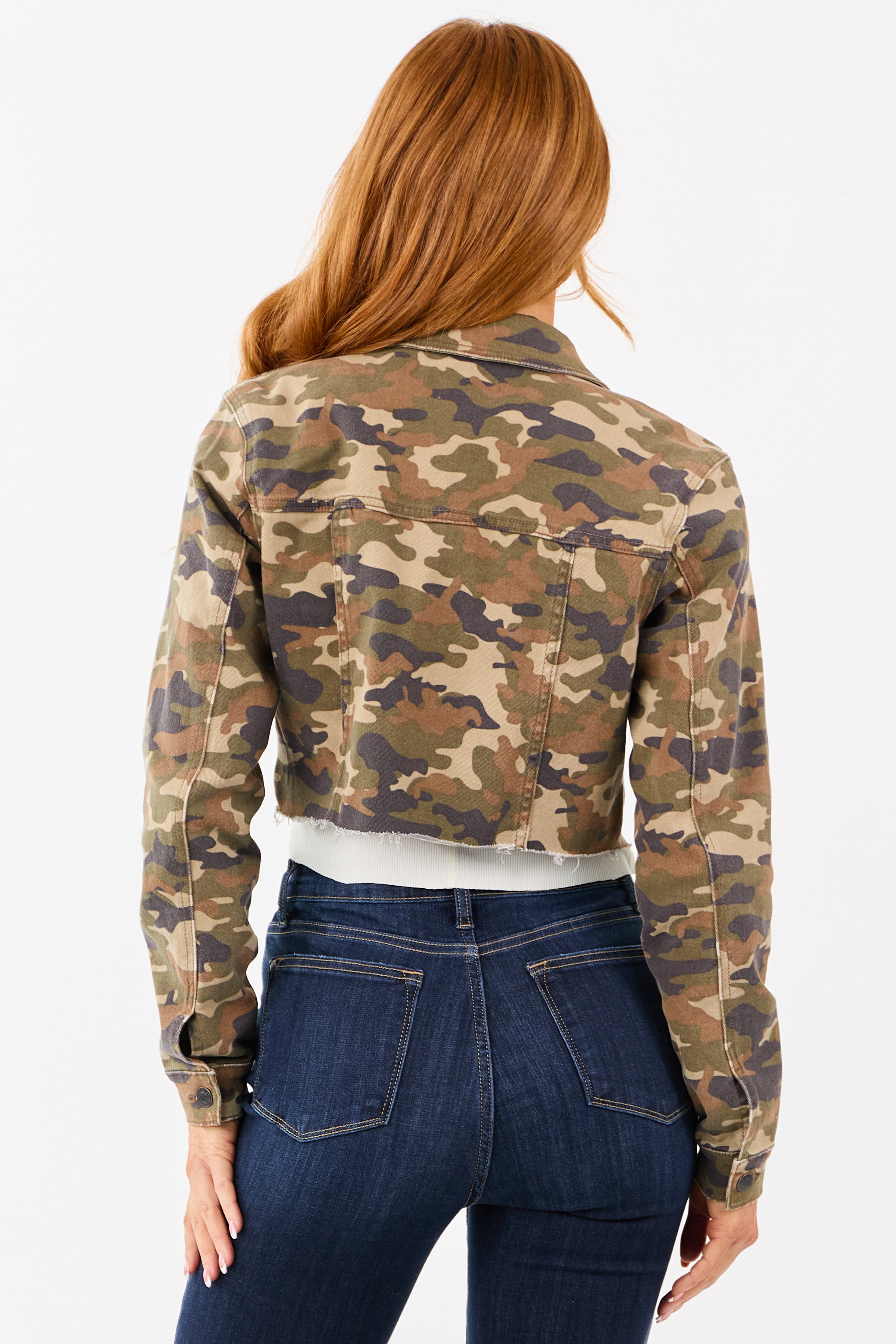 Cello Olive Camo Print Cropped Denim Jacket