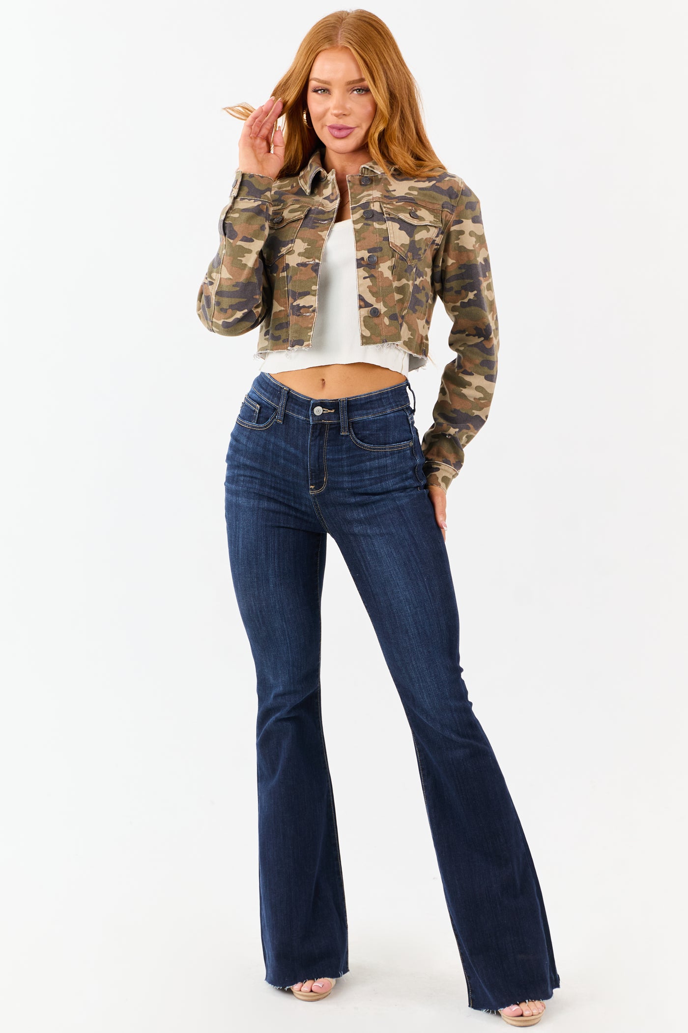 Cello Olive Camo Print Cropped Denim Jacket