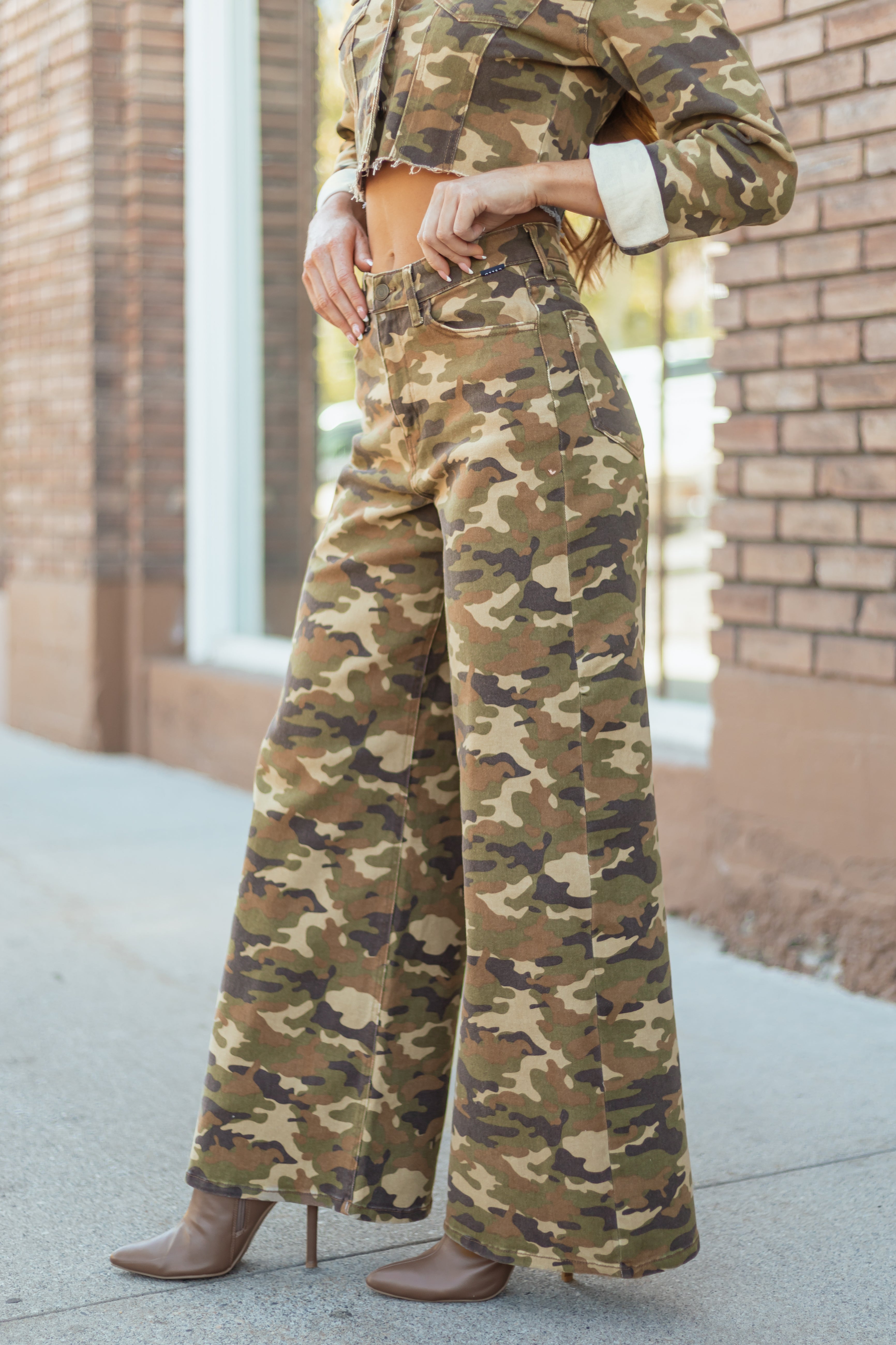 Cello Olive Camo Print Wide Leg Jeans