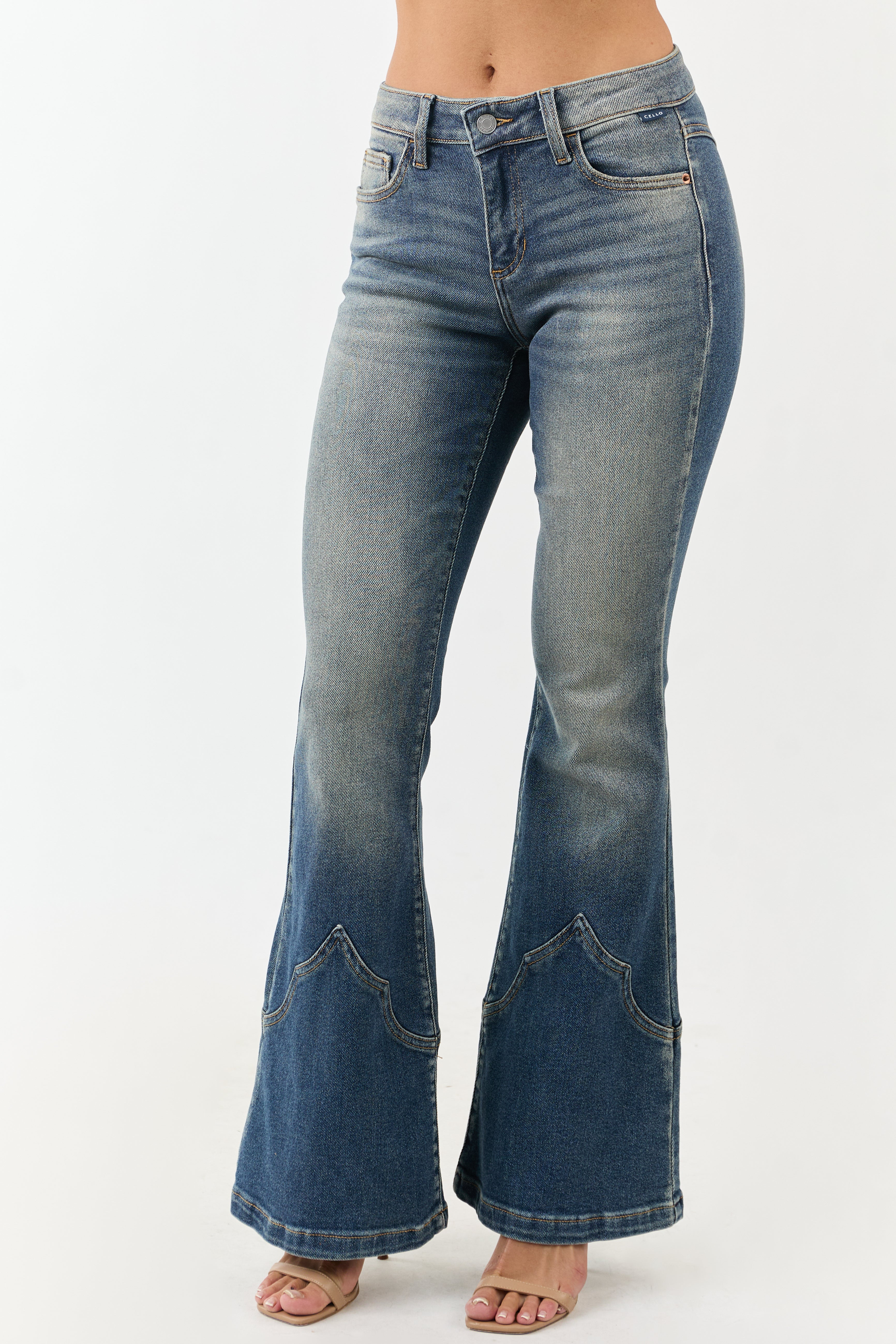 Cello Vintage Wash Mid Rise Stretchy Flare Jeans