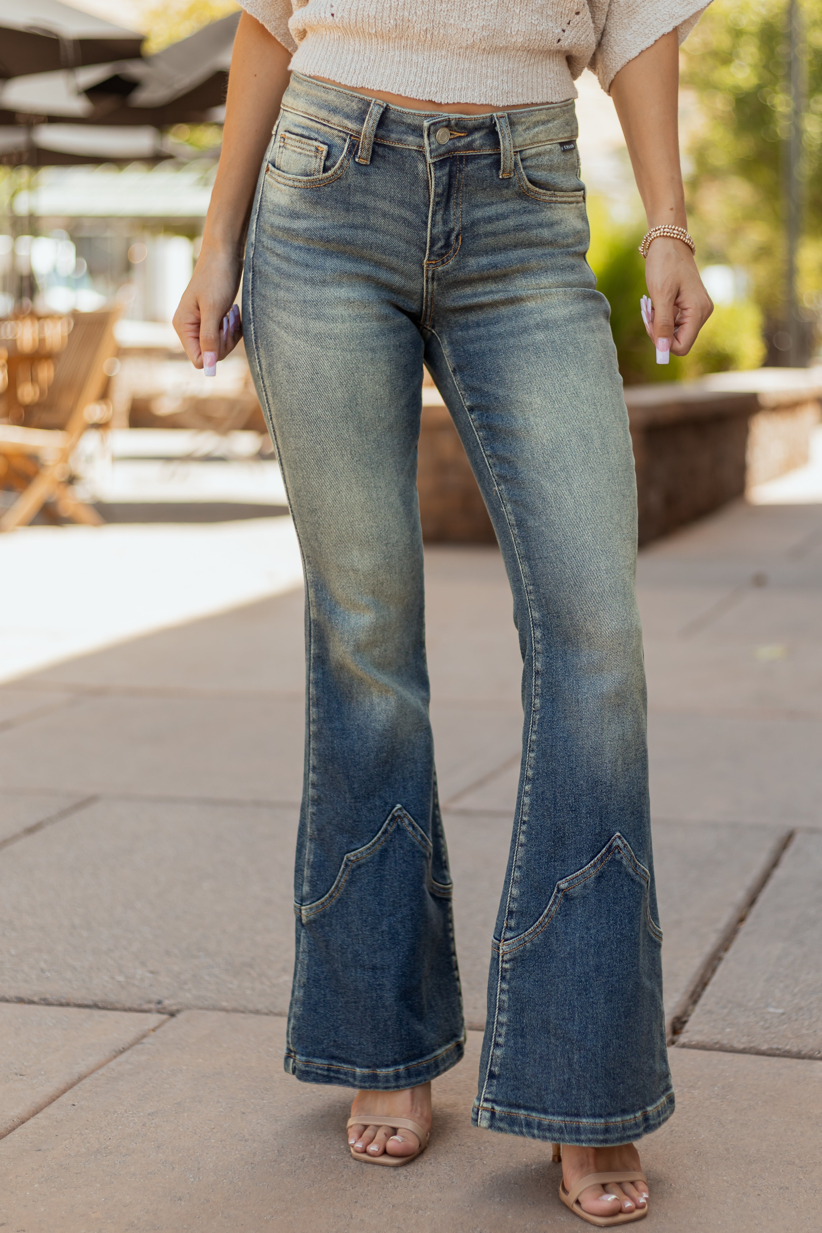 Cello Vintage Wash Mid Rise Stretchy Flare Jeans