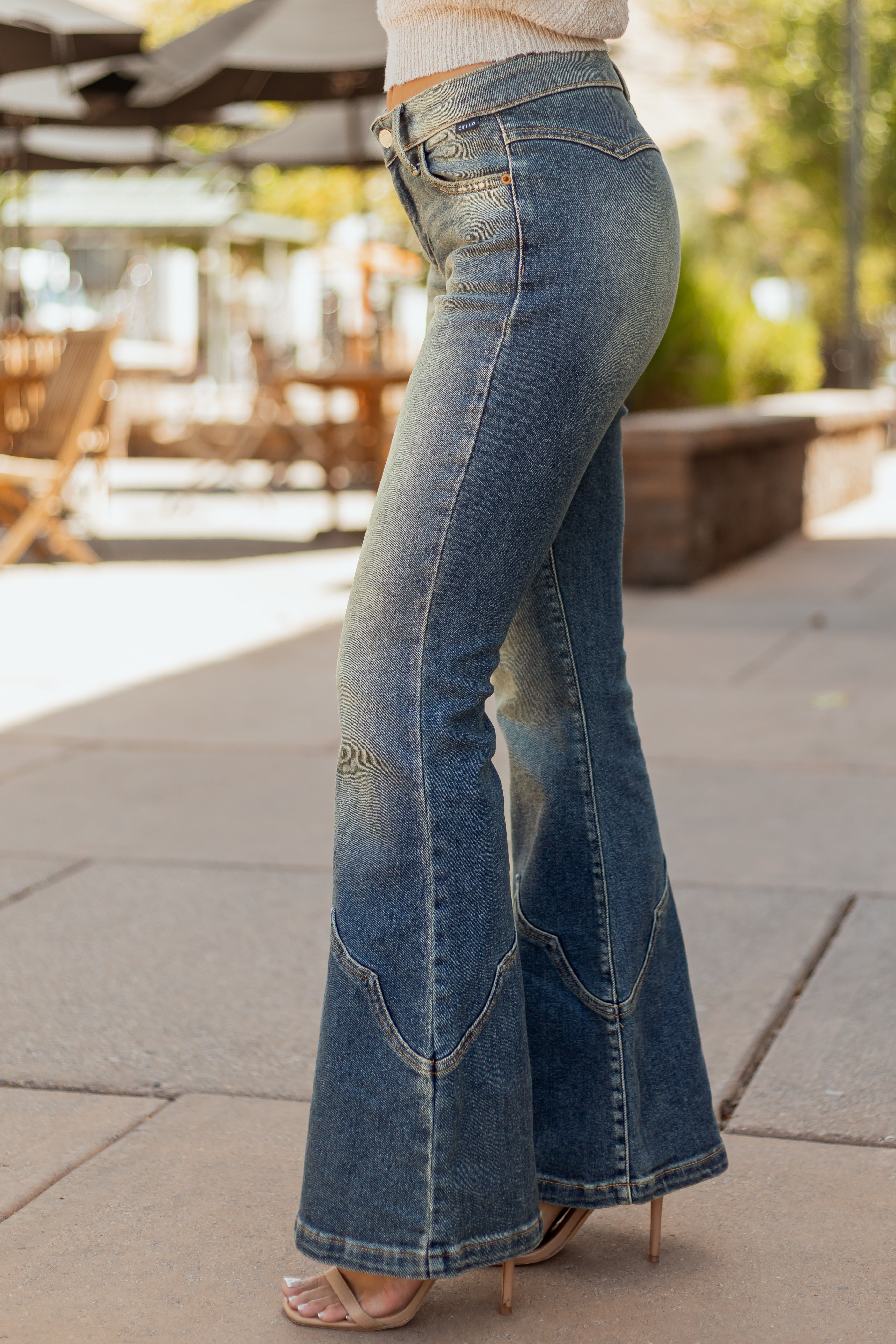 Cello Vintage Wash Mid Rise Stretchy Flare Jeans