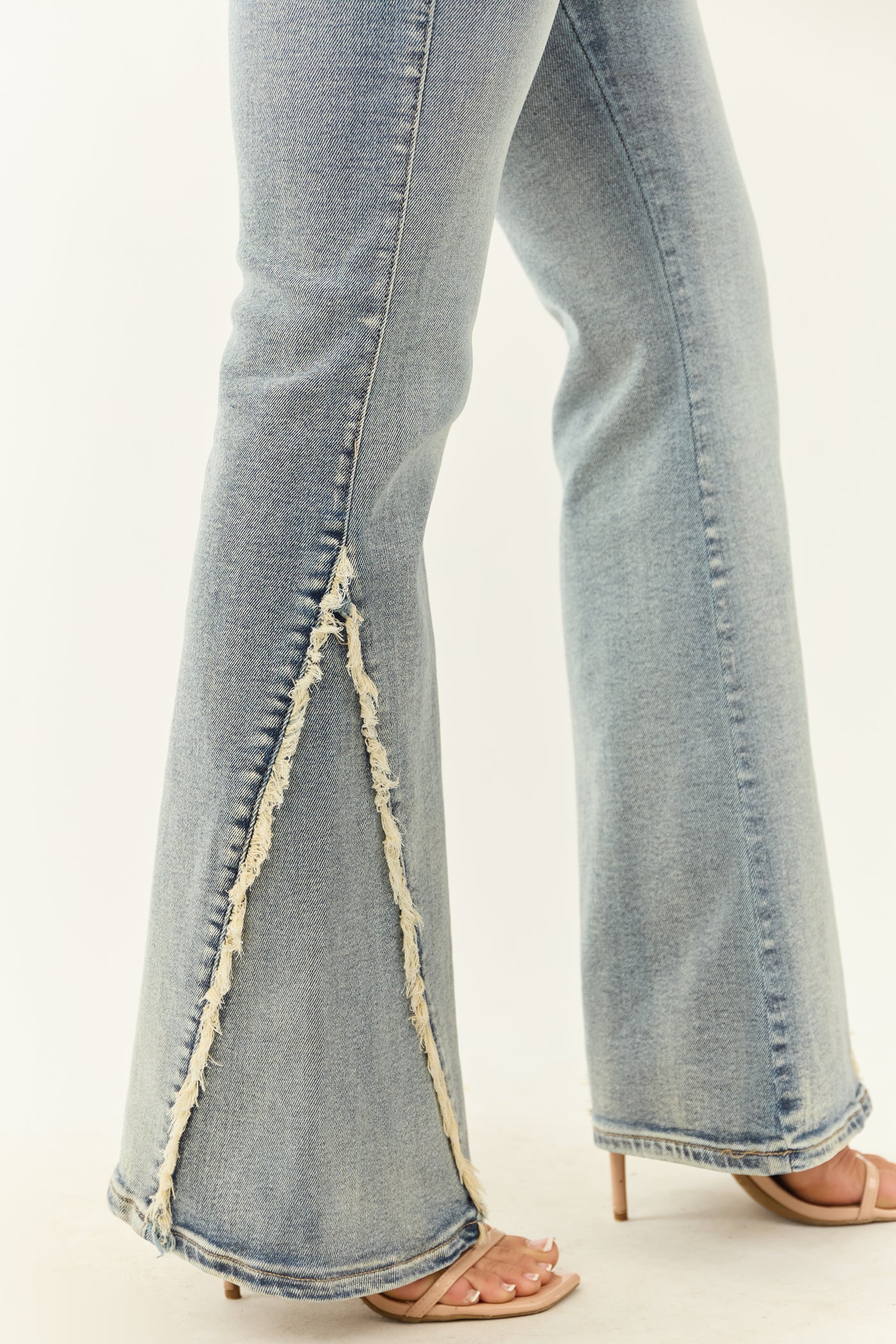 Cello Vintage Wash Stretchy Frayed Seam Flare Jeans