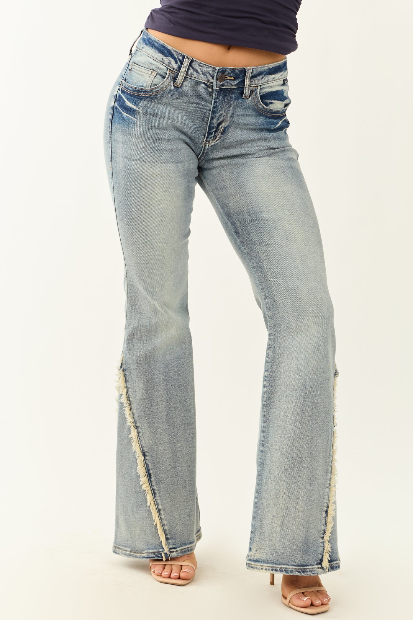 Cello Vintage Wash Stretchy Frayed Seam Flare Jeans