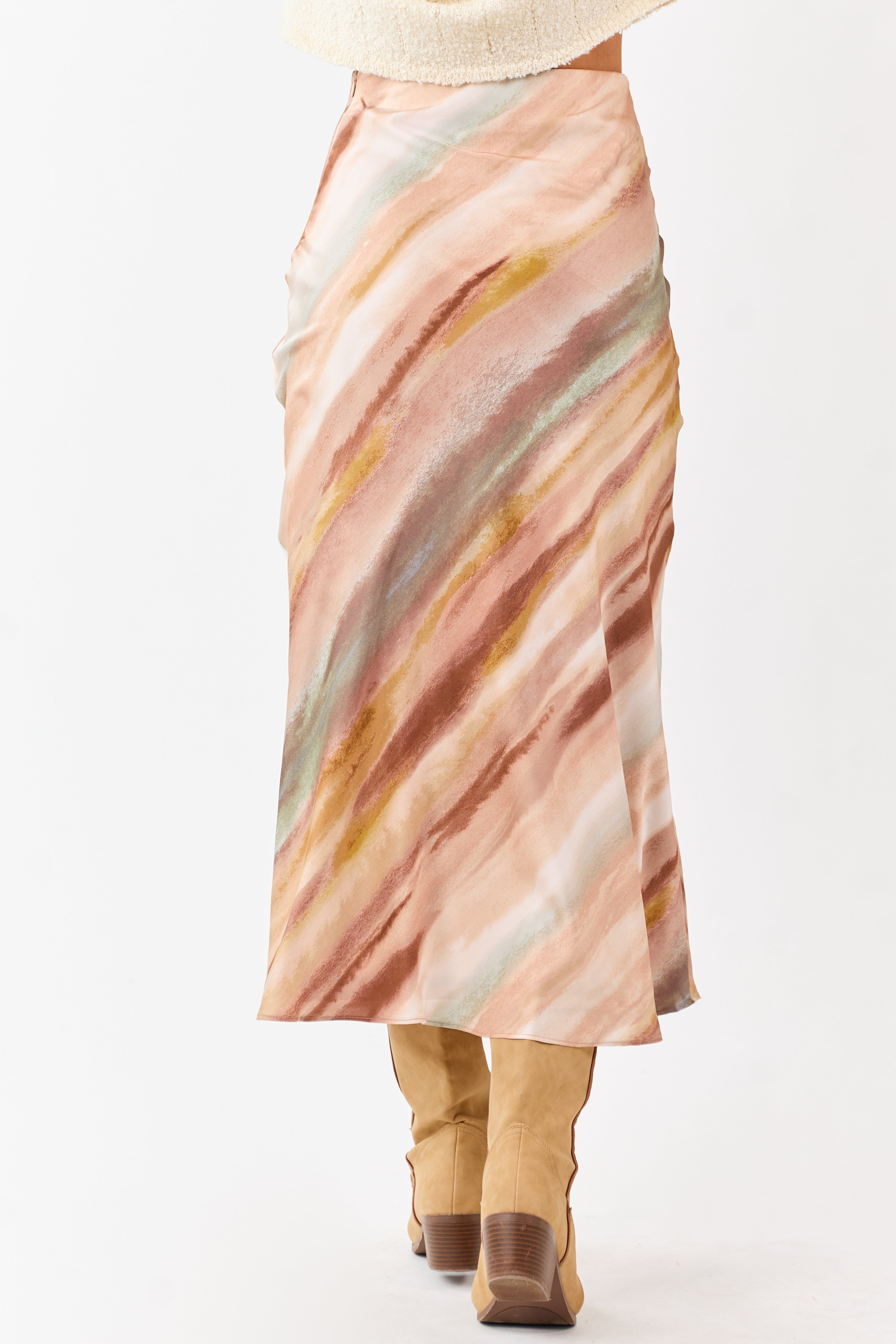 Champagne Abstract Print Satin Midi Skirt