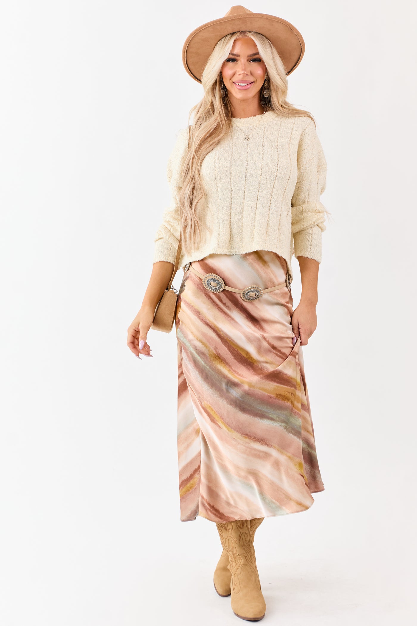 Champagne Abstract Print Satin Midi Skirt