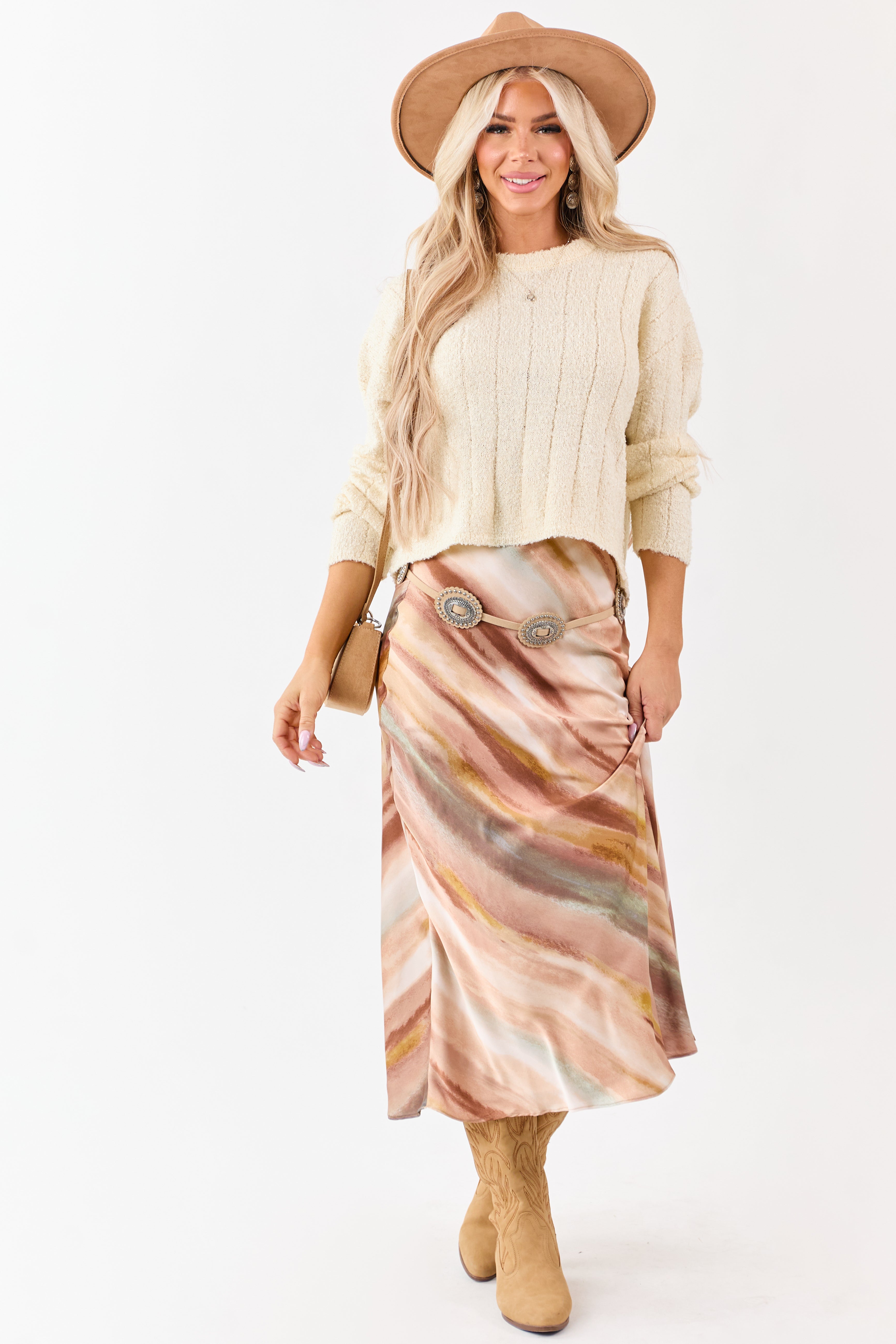 Champagne Abstract Print Satin Midi Skirt