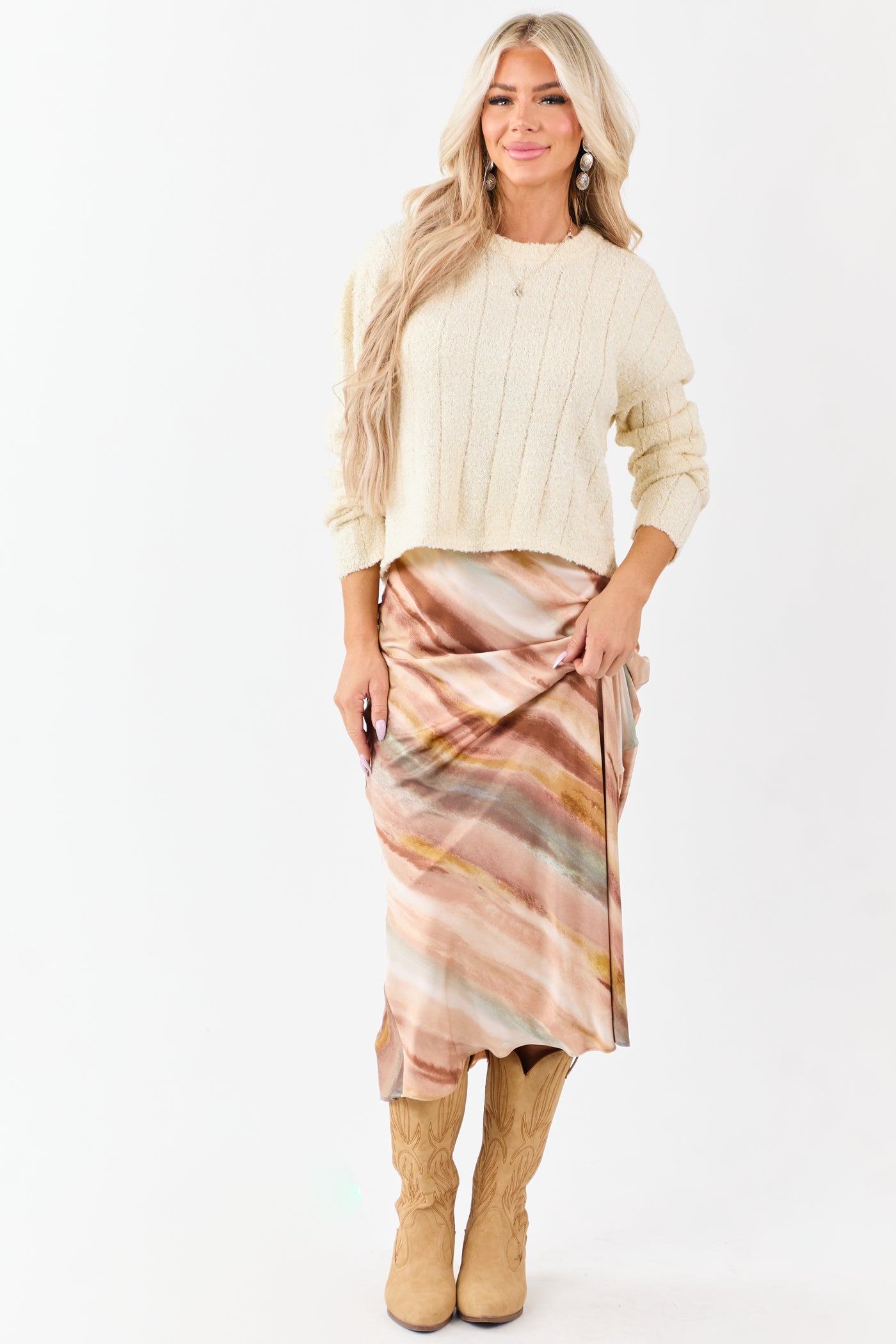 Champagne Abstract Print Satin Midi Skirt