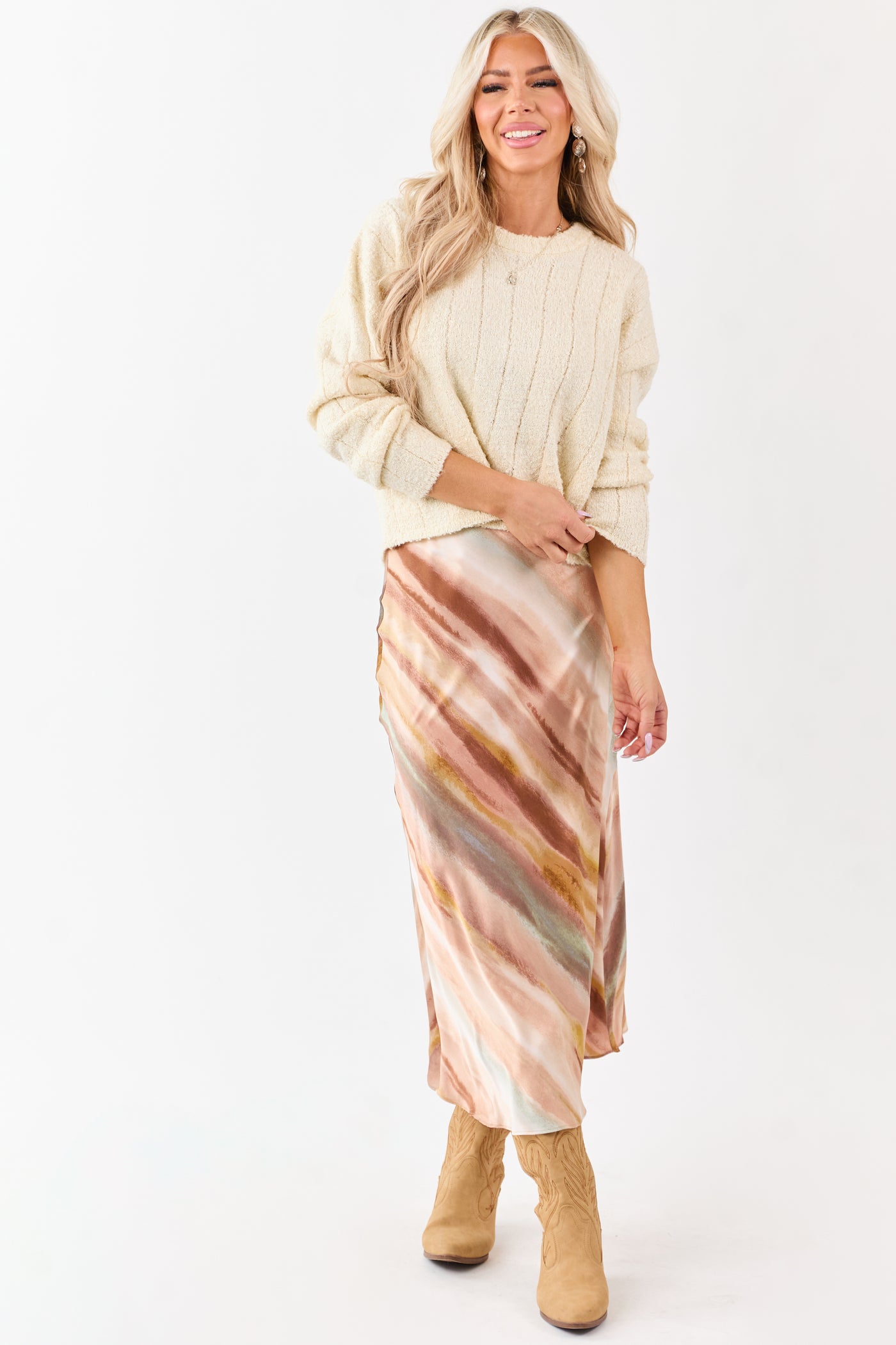 Champagne Abstract Print Satin Midi Skirt