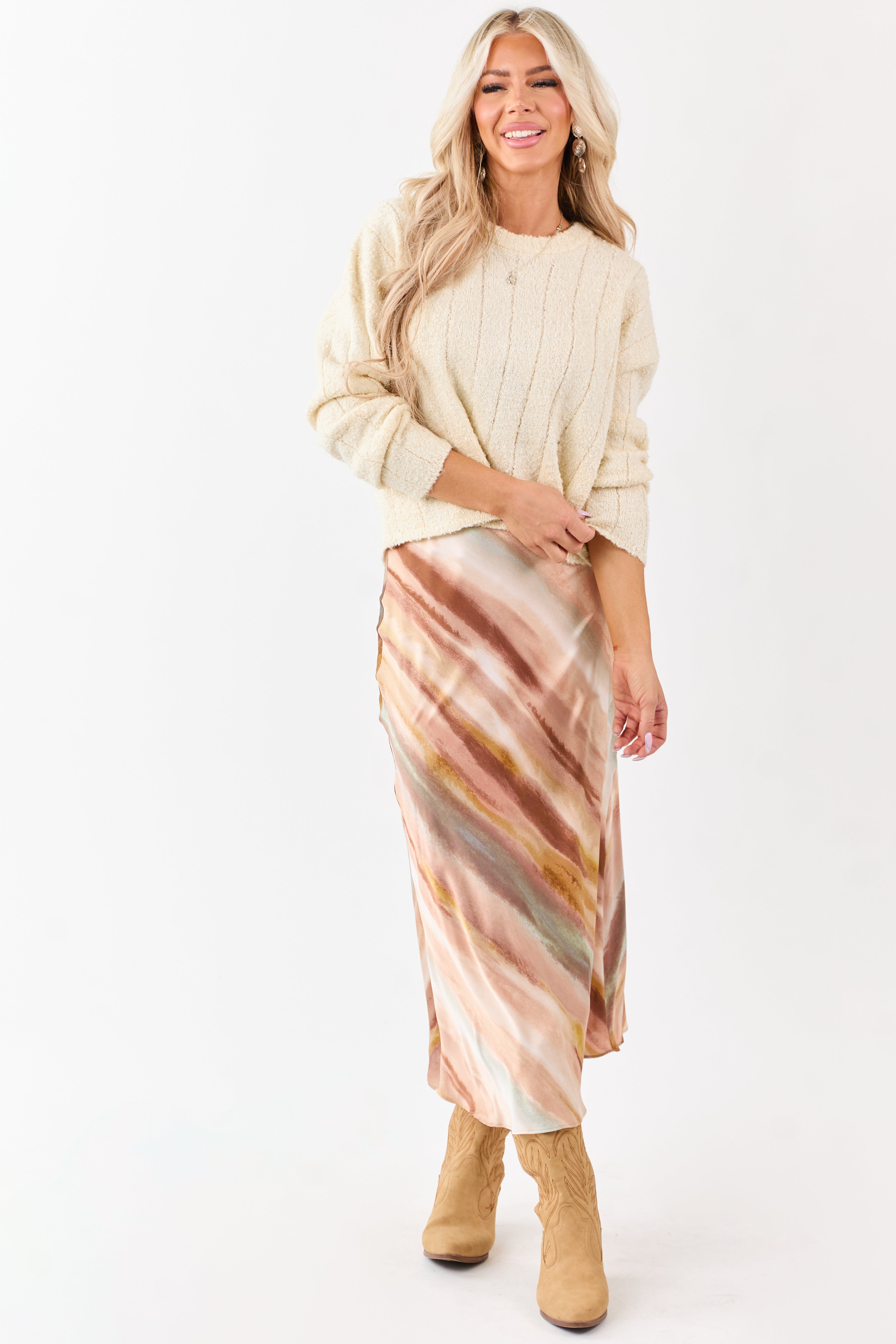 Champagne Abstract Print Satin Midi Skirt