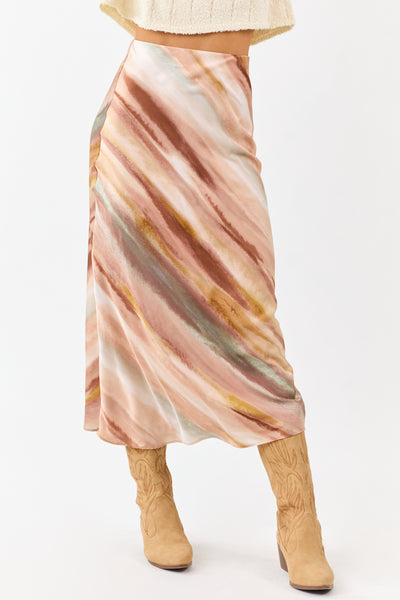 Champagne Abstract Print Satin Midi Skirt