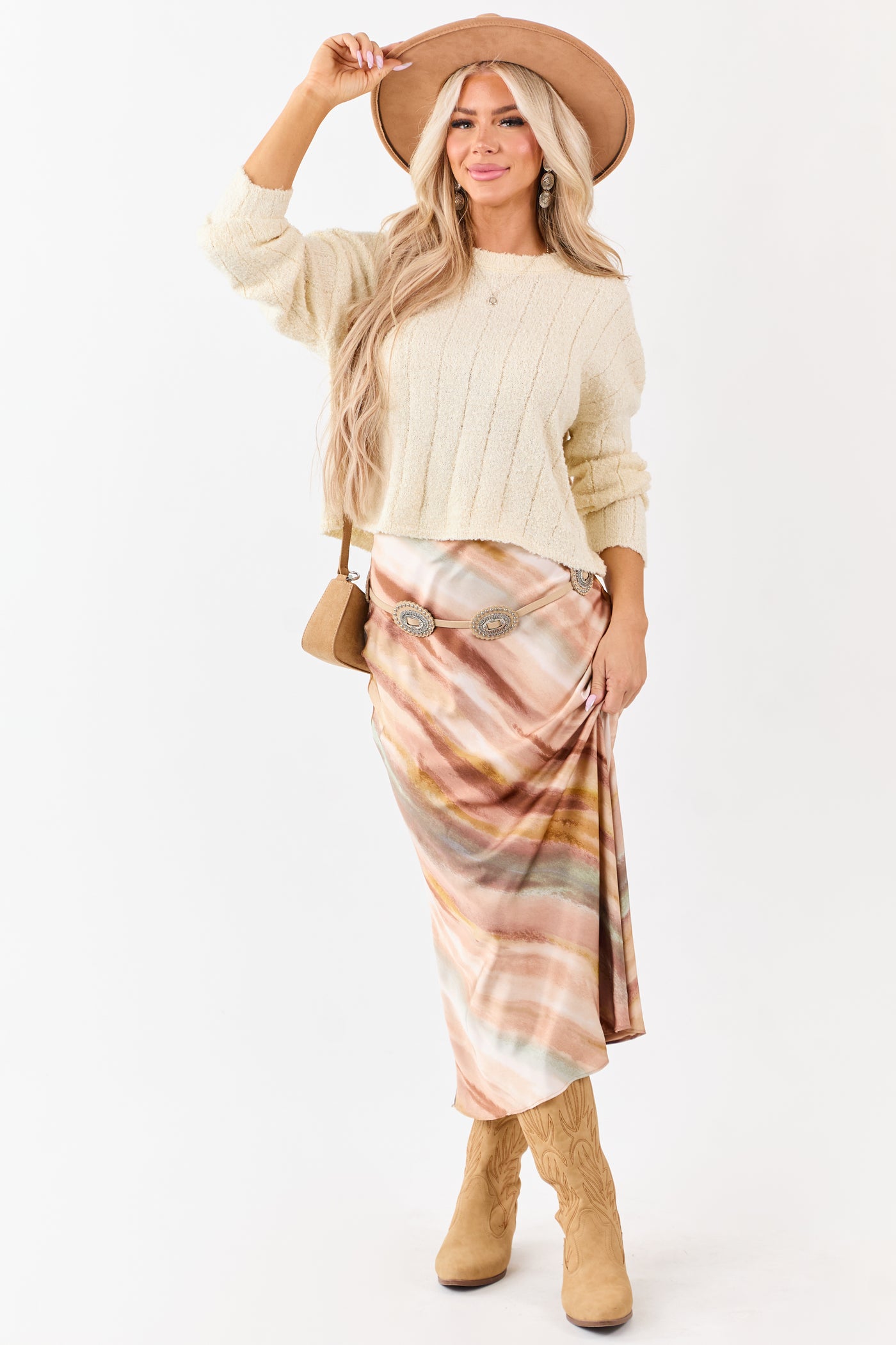 Champagne Abstract Print Satin Midi Skirt