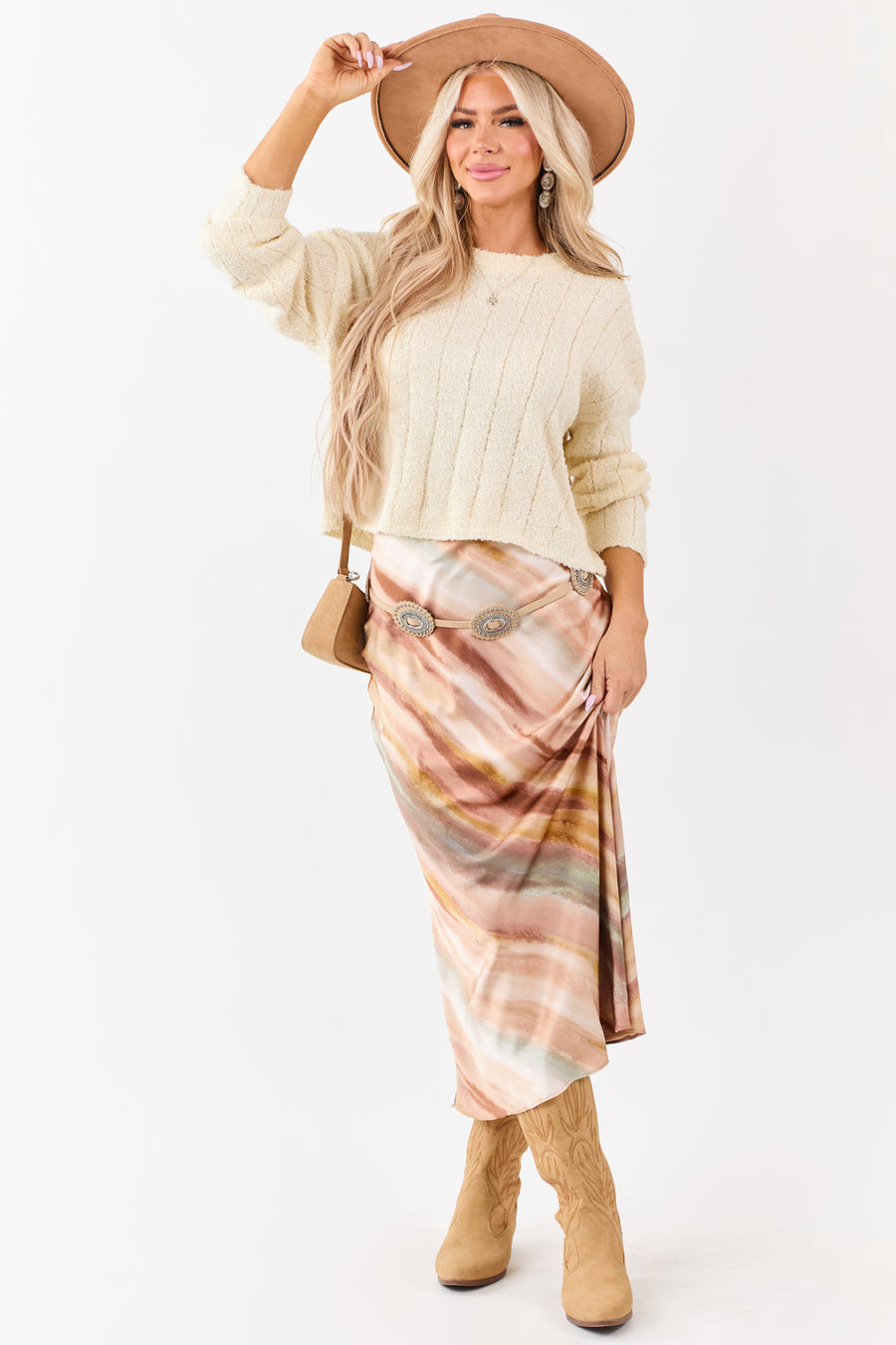 Champagne Abstract Print Satin Midi Skirt