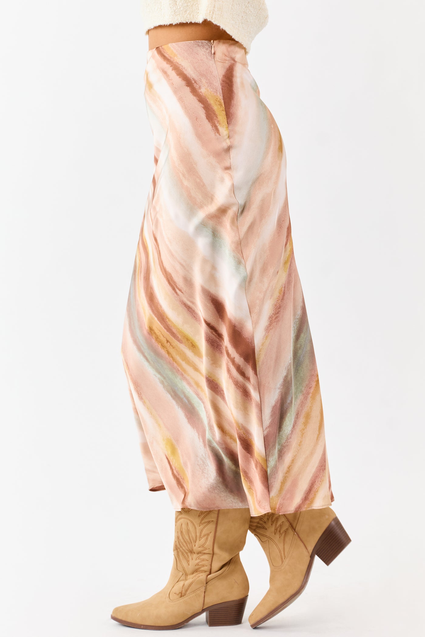 Champagne Abstract Print Satin Midi Skirt