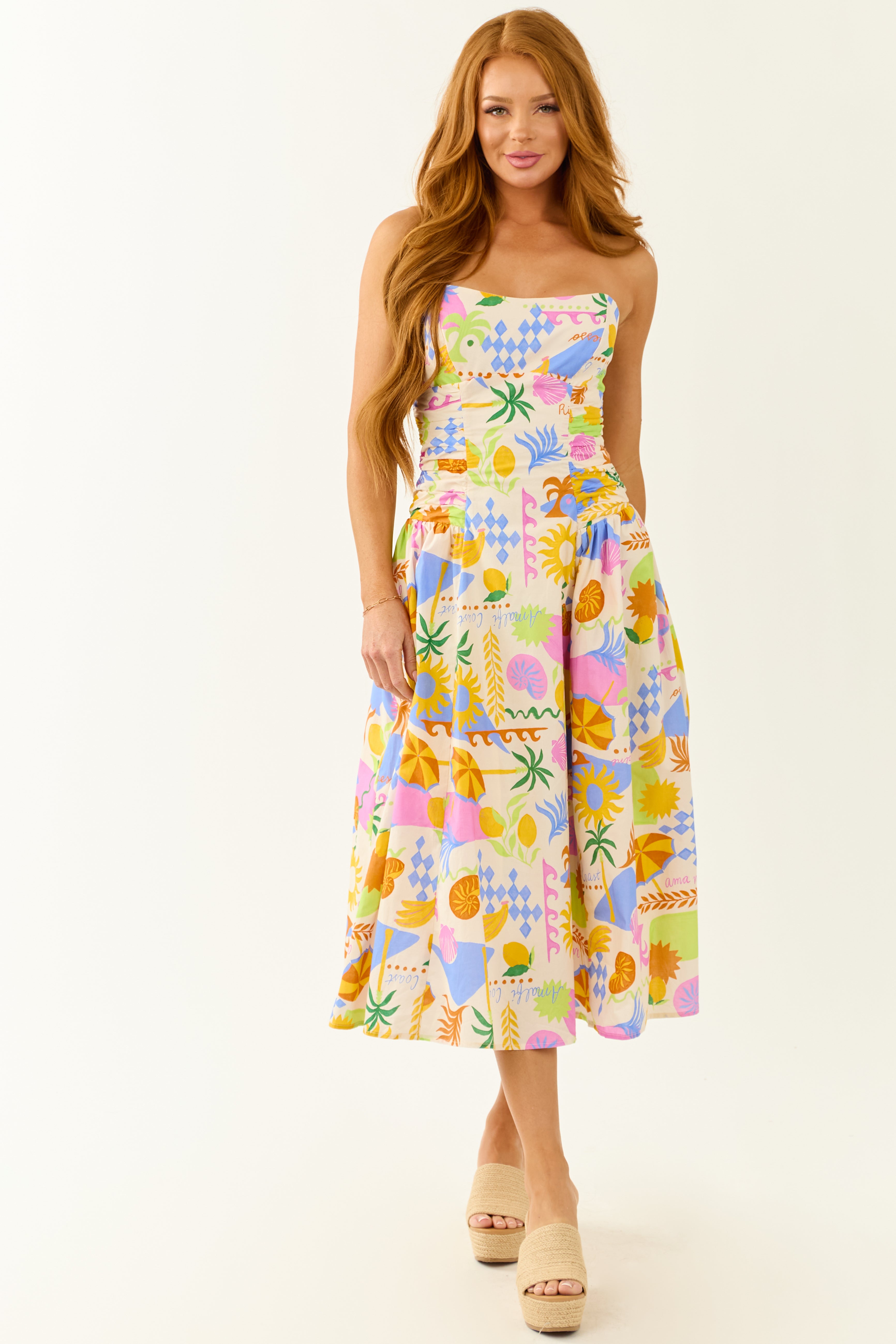 Champagne Abstract Print Strapless Cotton Midi Dress Champagne Abstract Print Strapless Cotton Midi Dress