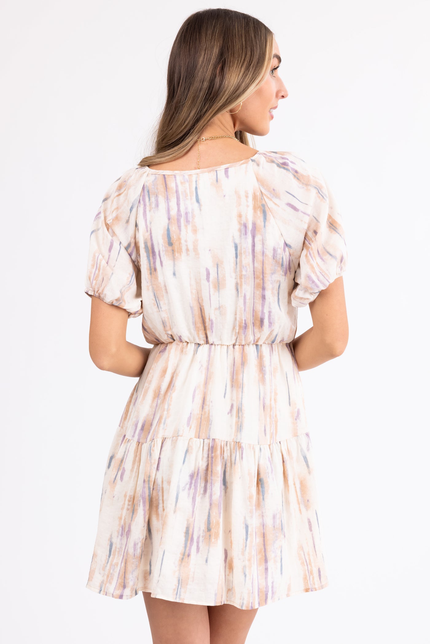 Champagne Abstract Print Tiered Mini Dress