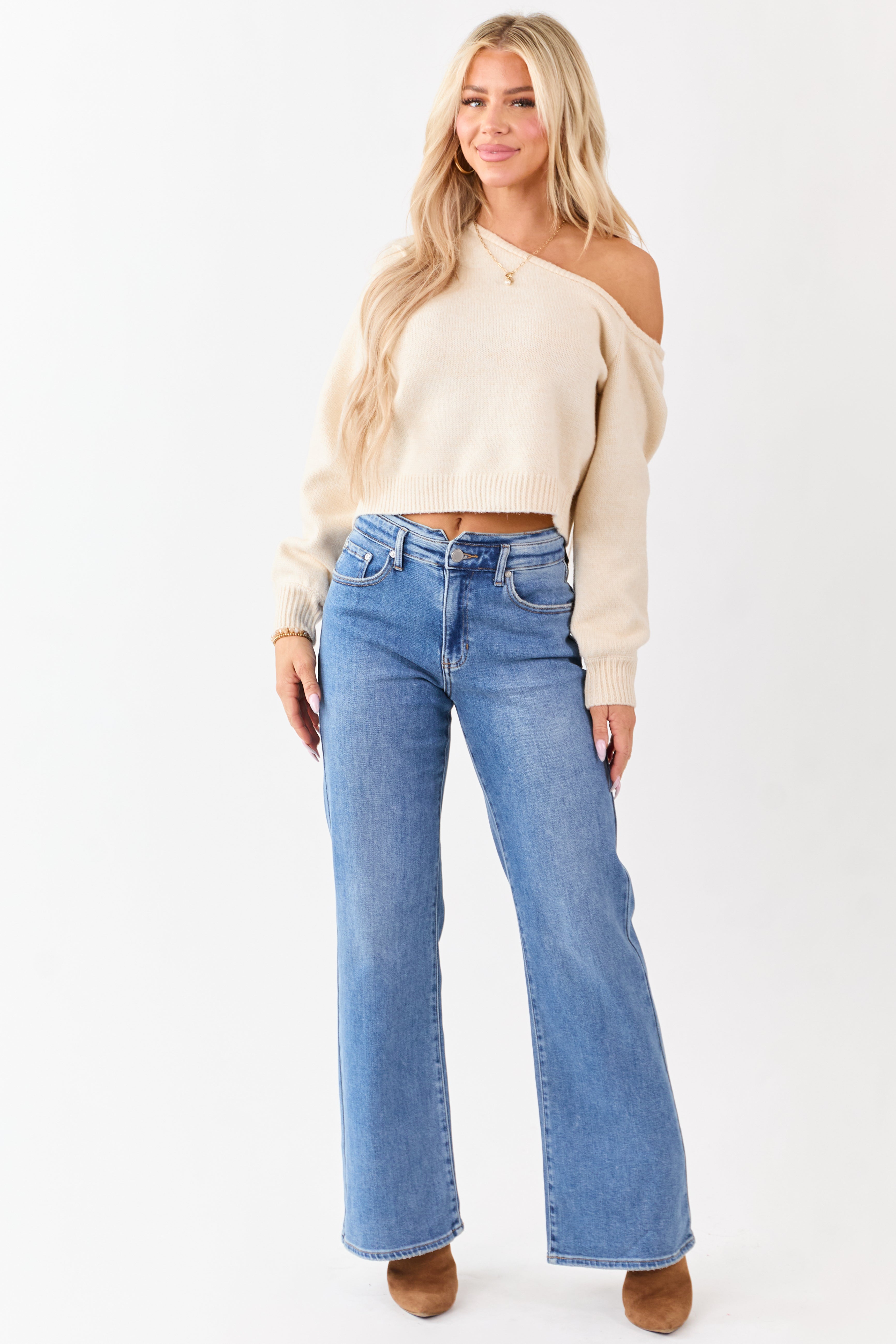 Champagne Asymmetrical One Shoulder Sweater