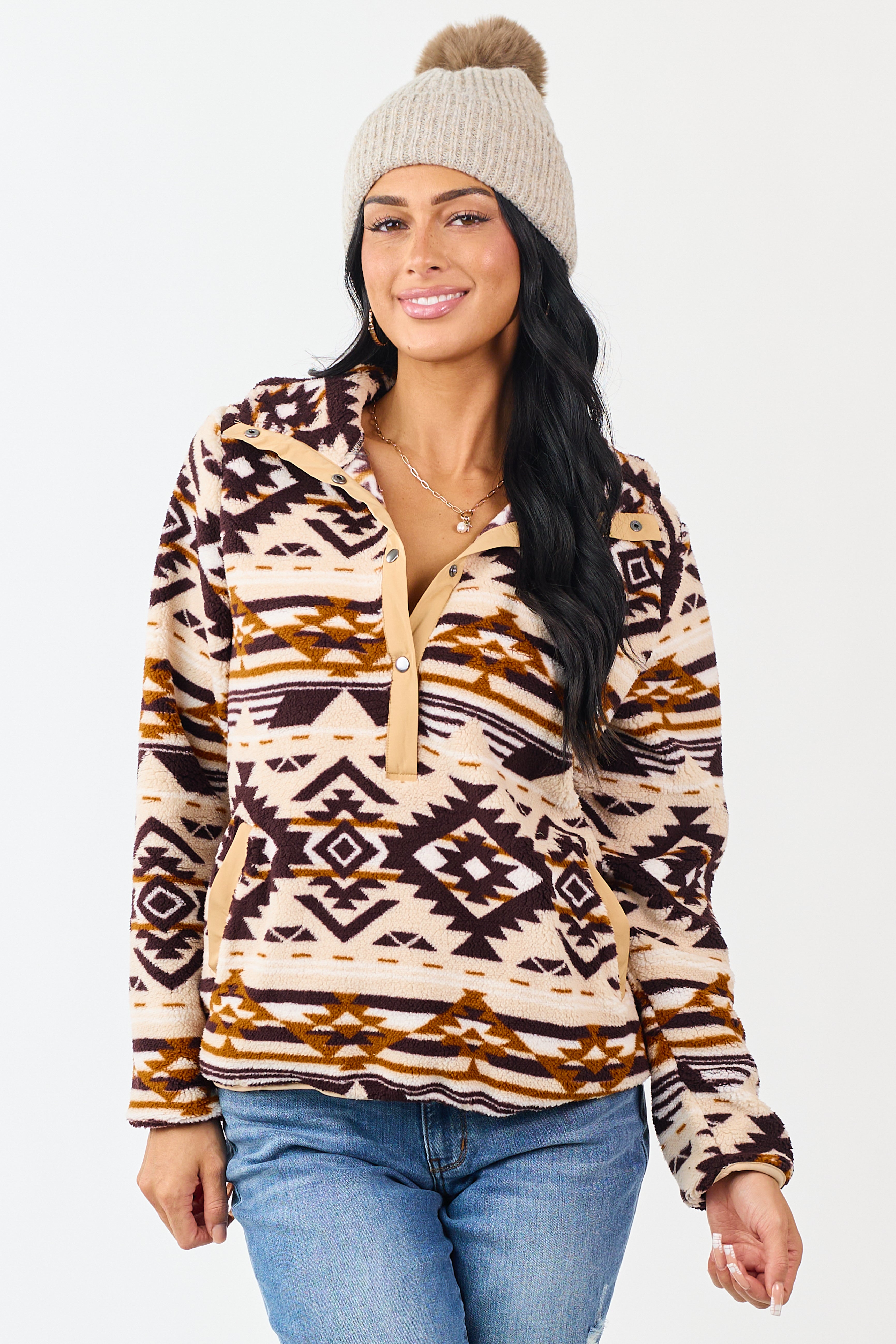 Champagne Aztec Print Fleece Pullover Sweatshirt