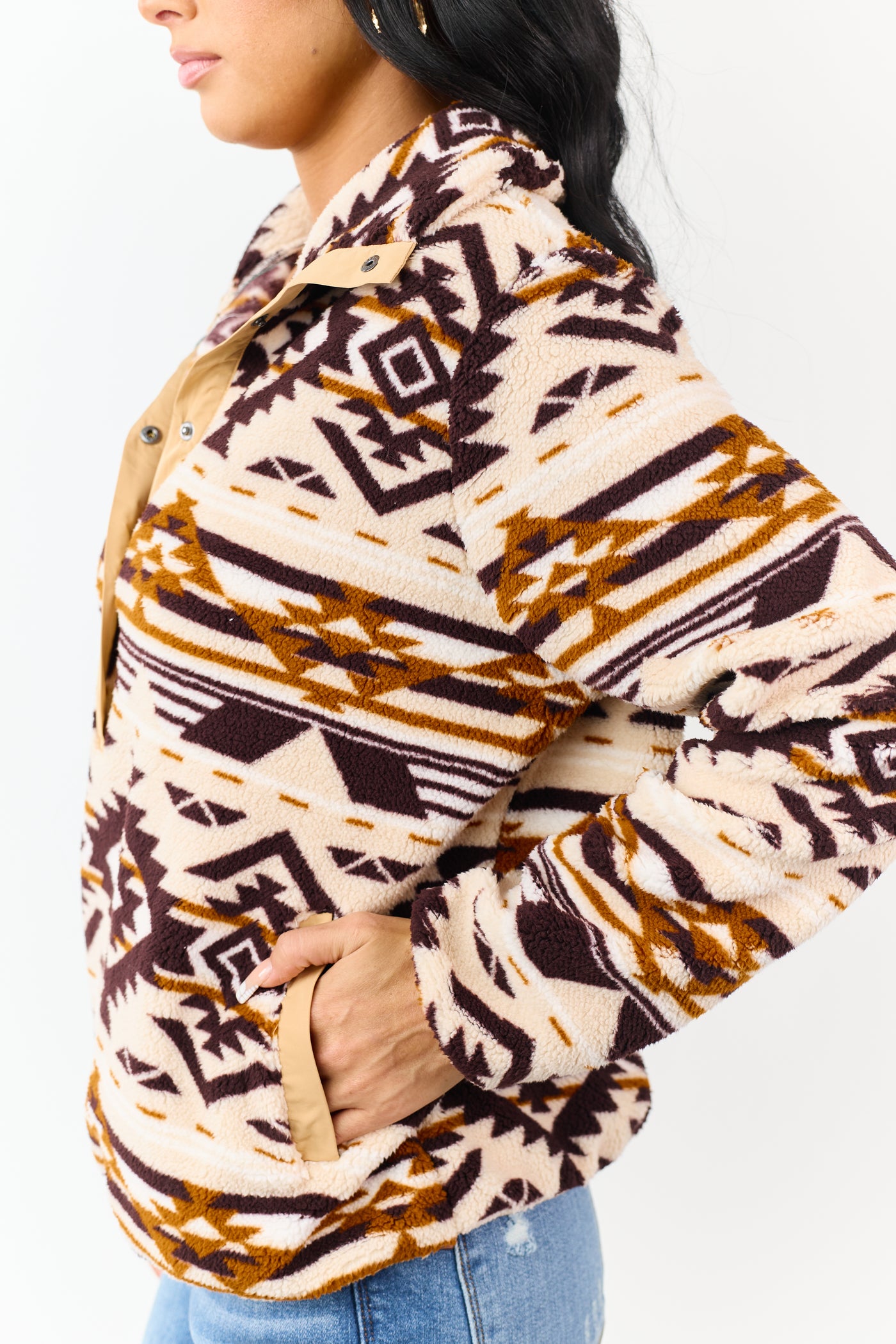 Champagne Aztec Print Fleece Pullover Sweatshirt