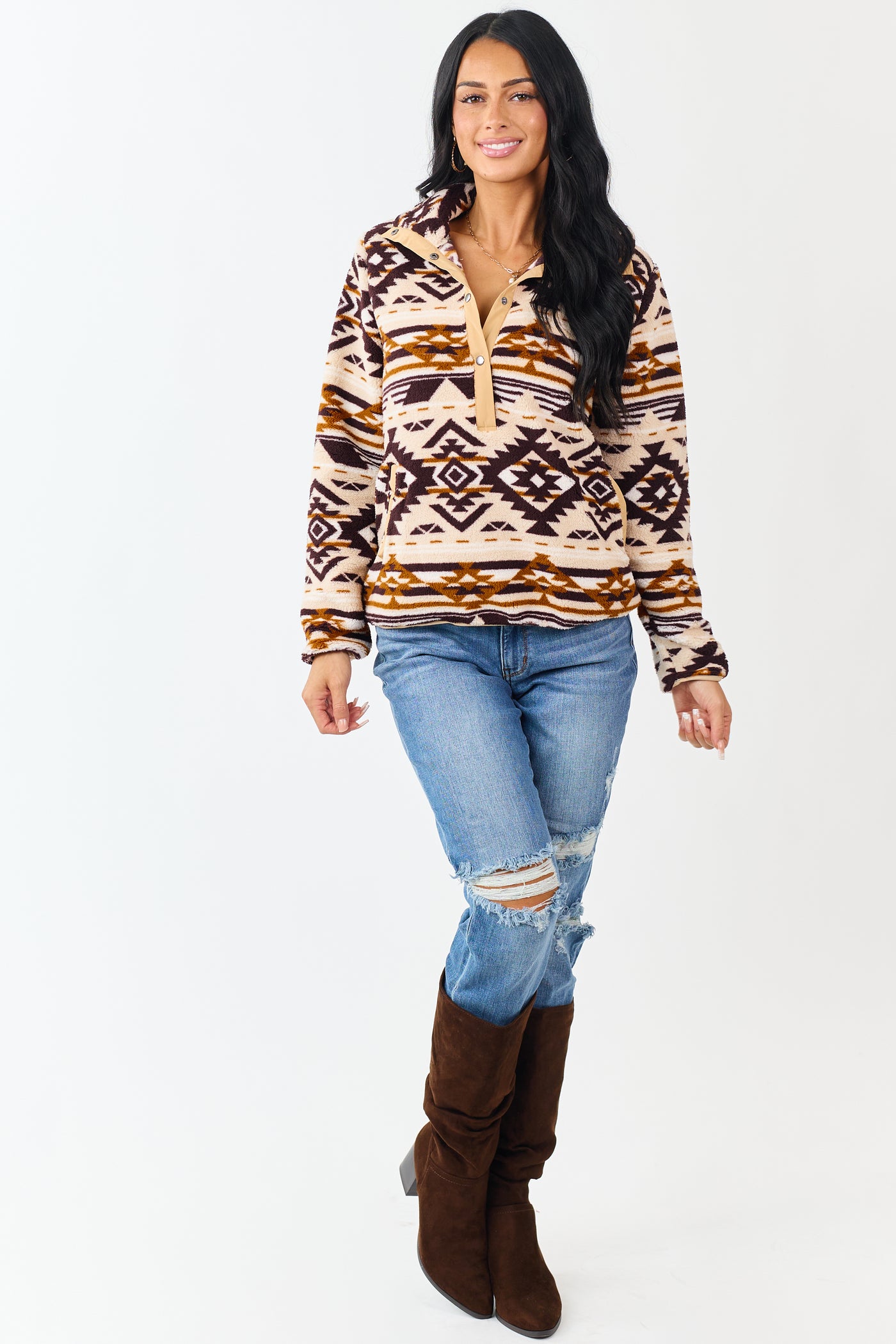 Champagne Aztec Print Fleece Pullover Sweatshirt