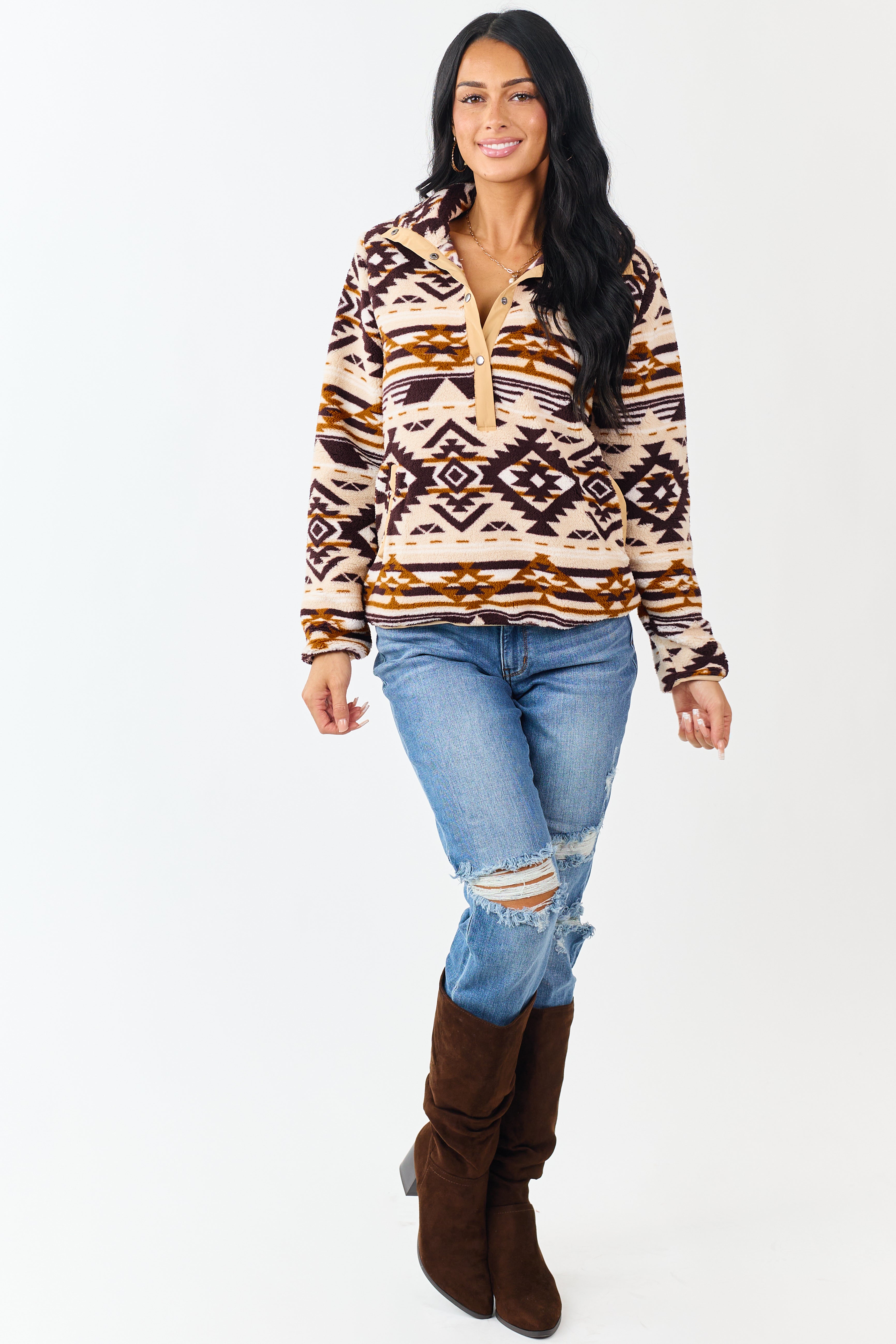 Champagne Aztec Print Fleece Pullover Sweatshirt