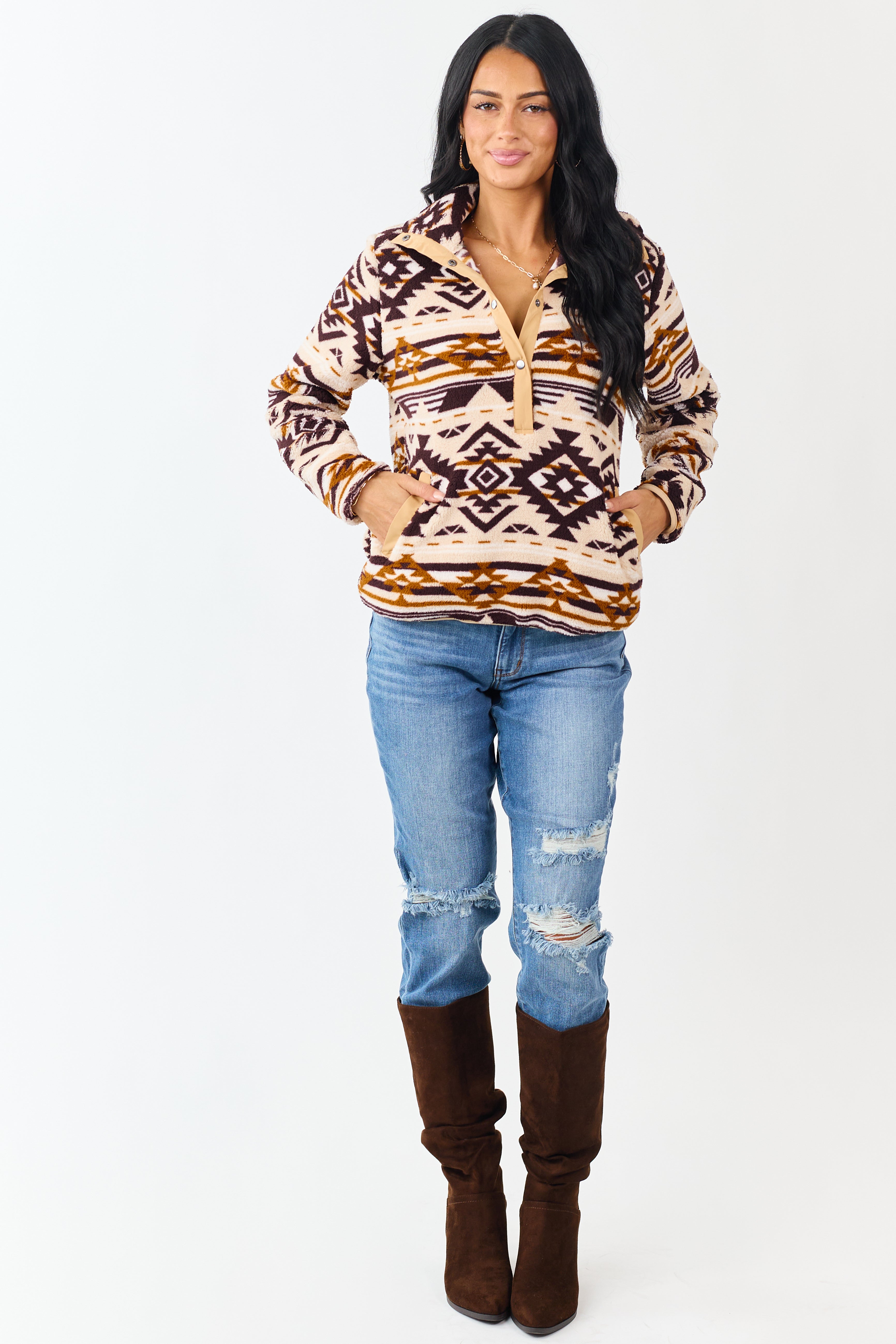 Champagne Aztec Print Fleece Pullover Sweatshirt