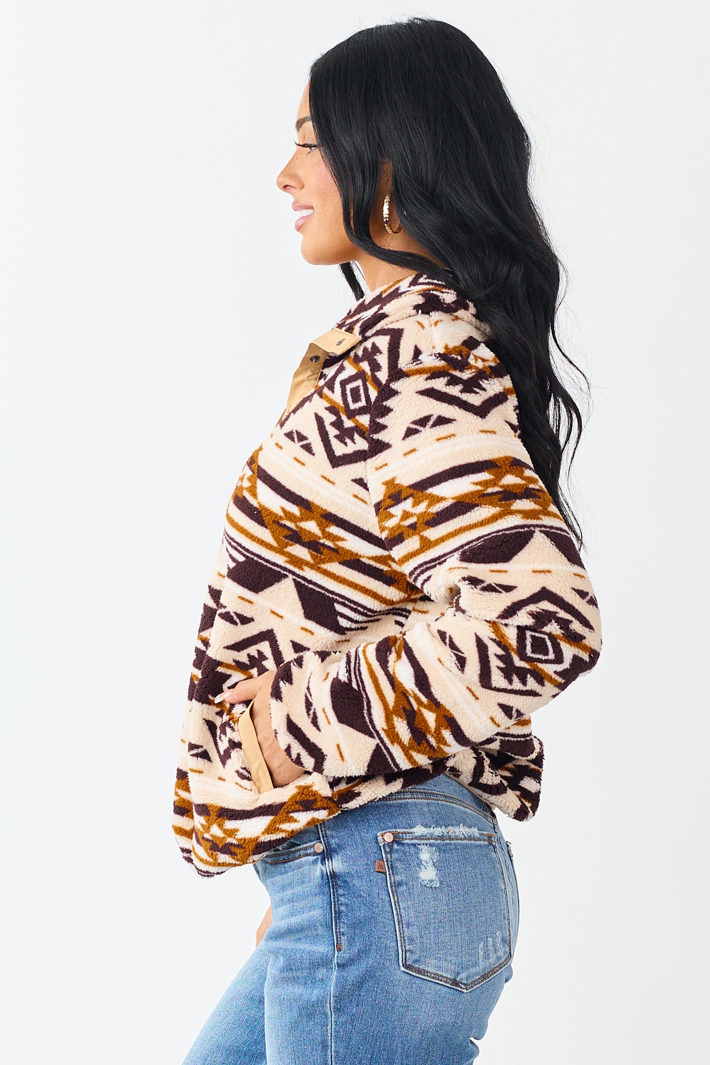 Champagne Aztec Print Fleece Pullover Sweatshirt