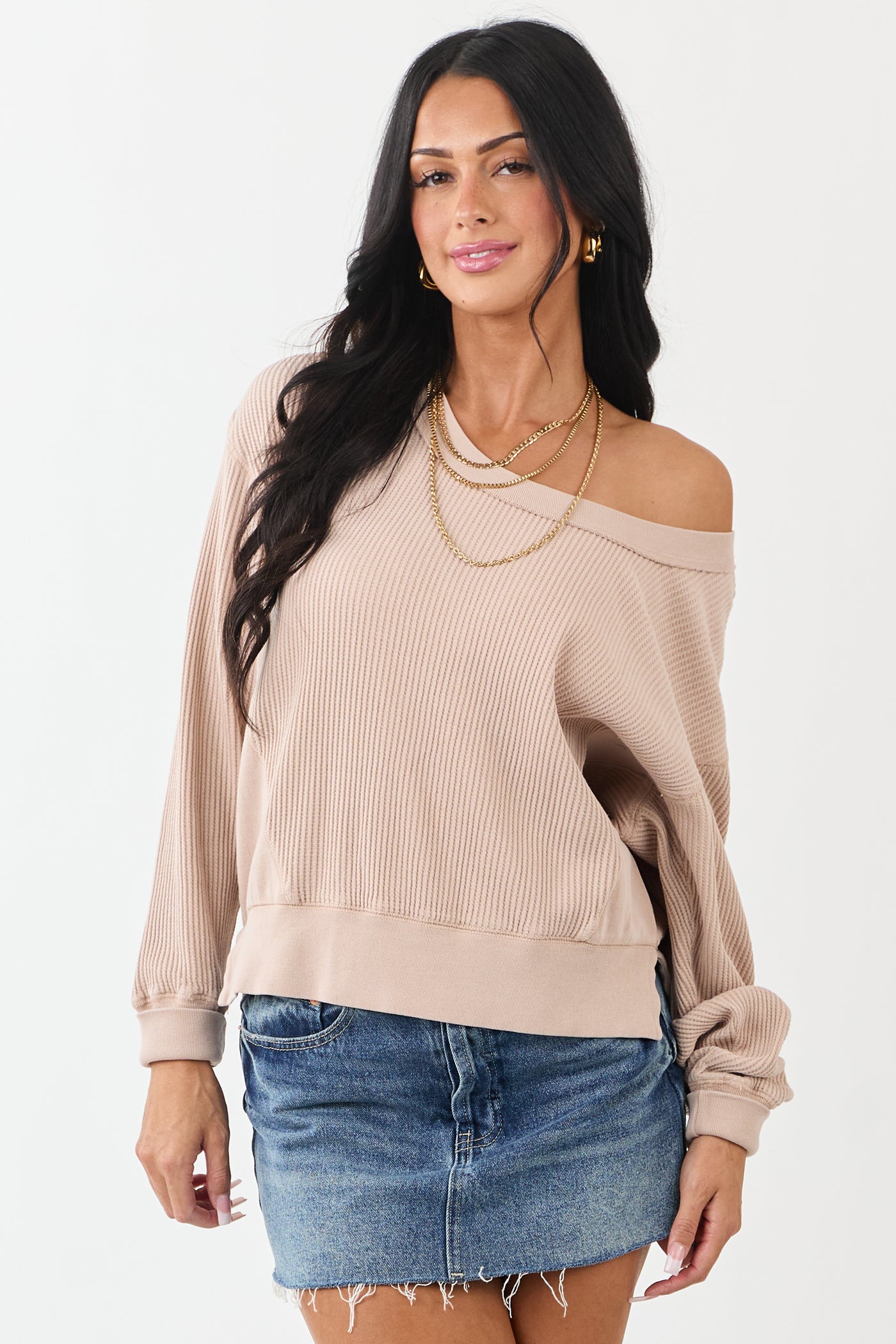 Champagne Boat Neck Cotton Knit Relaxed Sweater
