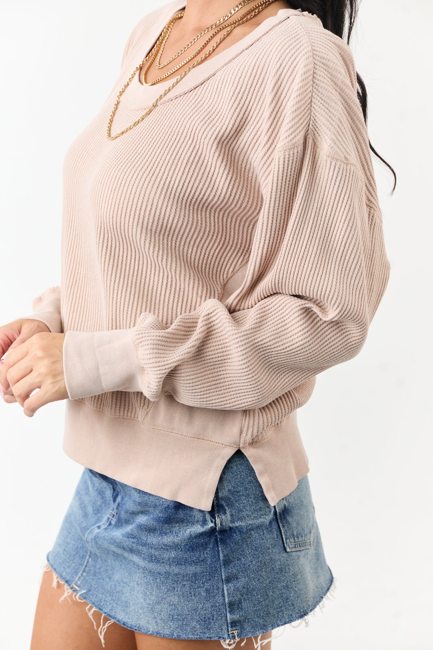Champagne Boat Neck Cotton Knit Relaxed Sweater