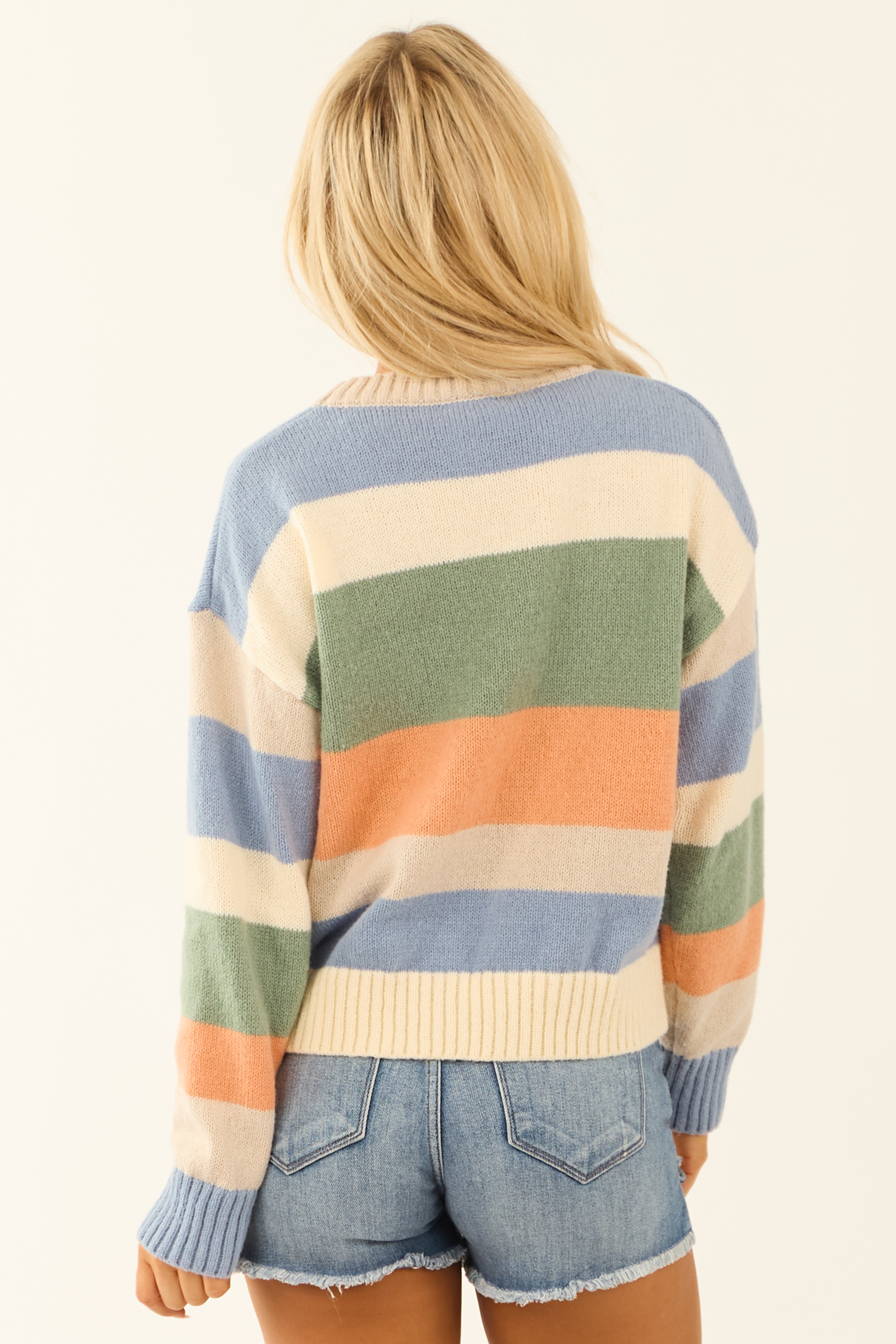 Champagne Colorful Stripe Stitch Detail Sweater