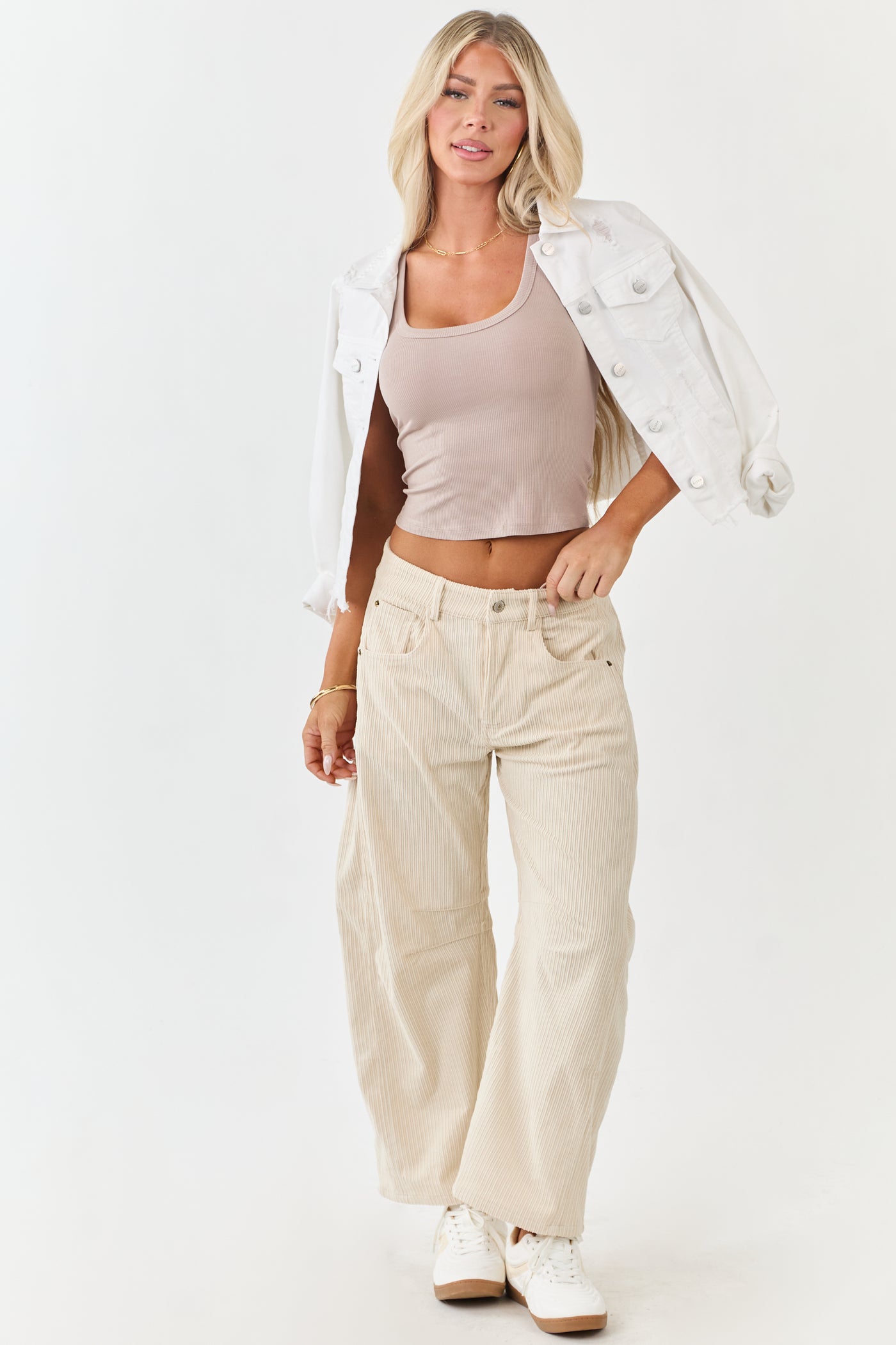 Champagne Corduroy High Waisted Barrel Leg Pants