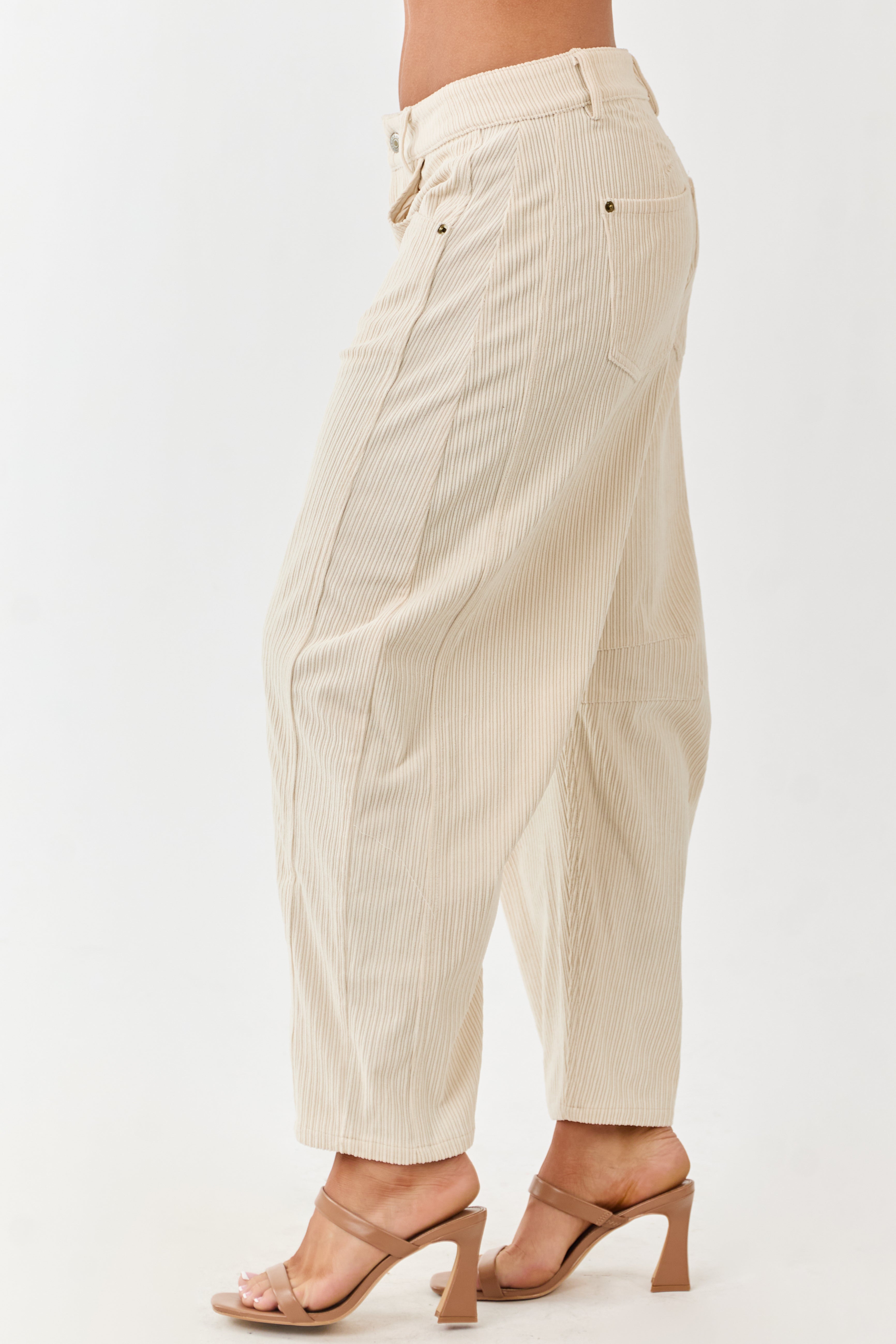 Champagne Corduroy High Waisted Barrel Leg Pants