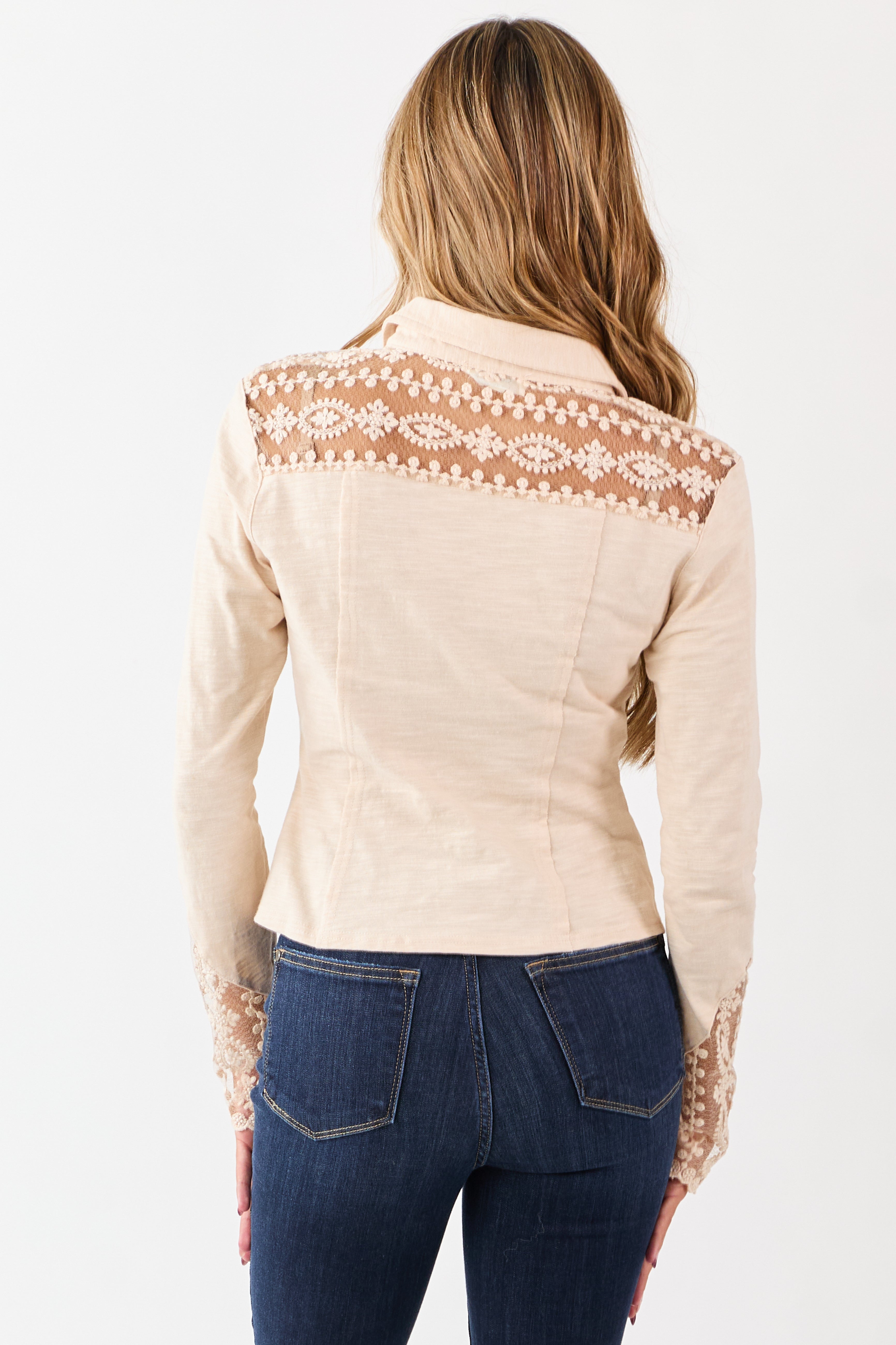Champagne Lace Yoke and Sleeve Cotton Top