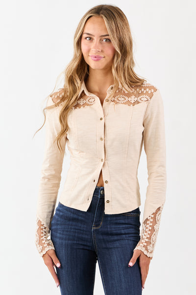 Champagne Lace Yoke and Sleeve Cotton Top