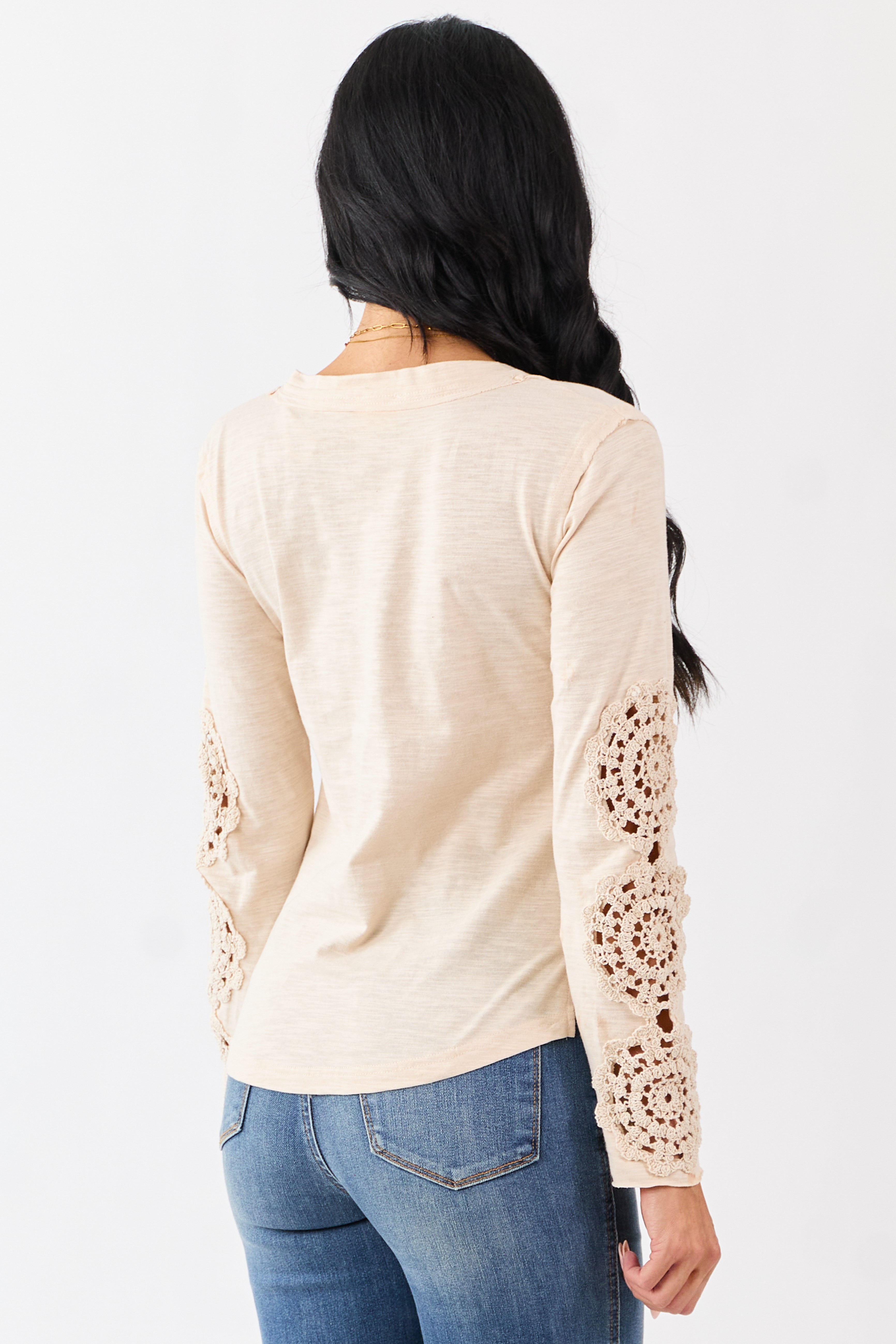 Champagne Crochet Lace Sleeve Henley Cotton Top