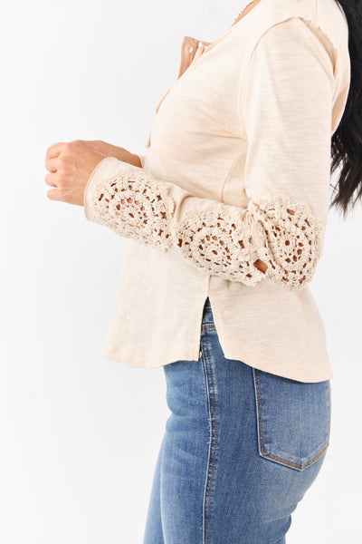 Champagne Crochet Lace Sleeve Henley Cotton Top