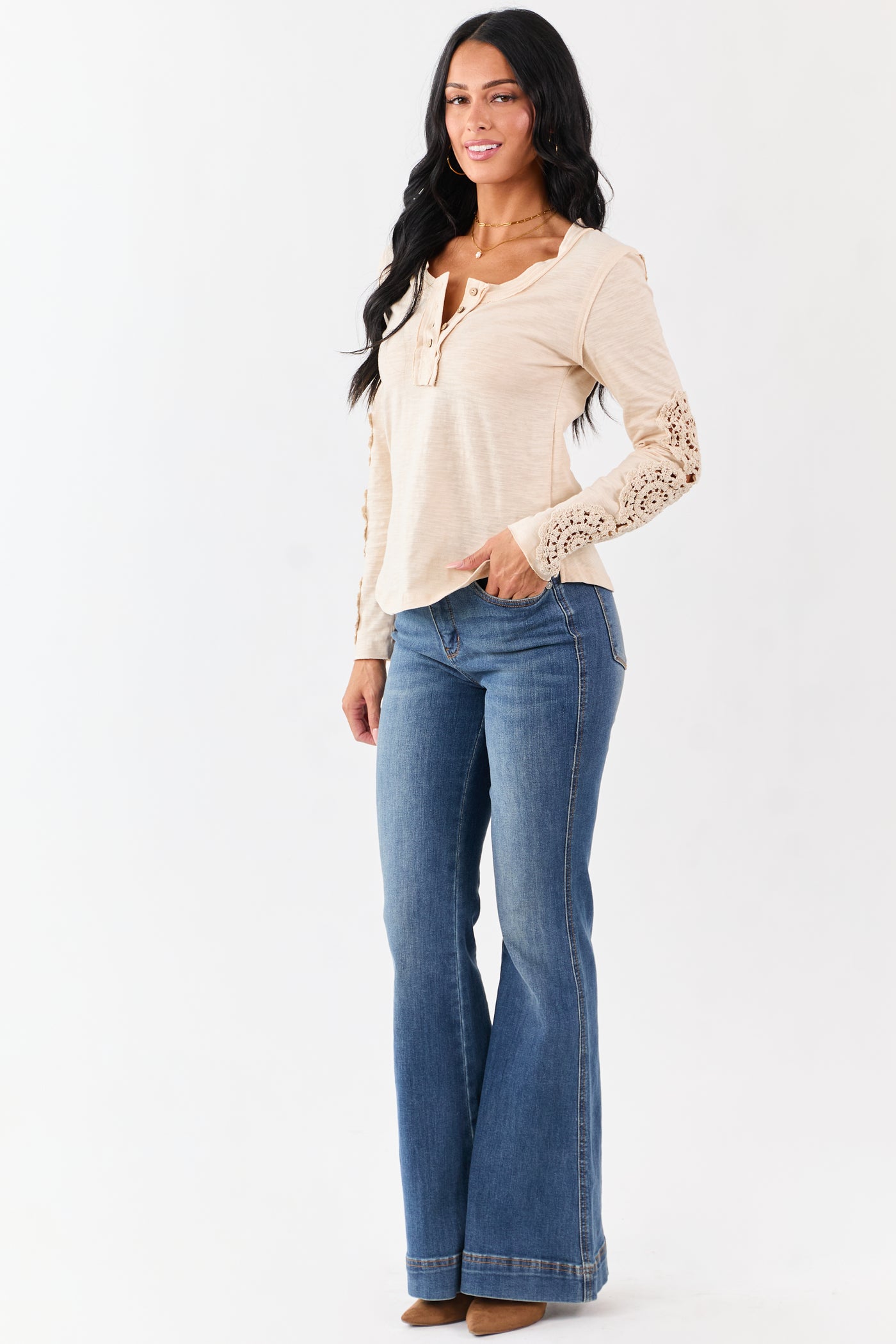 Champagne Crochet Lace Sleeve Henley Cotton Top