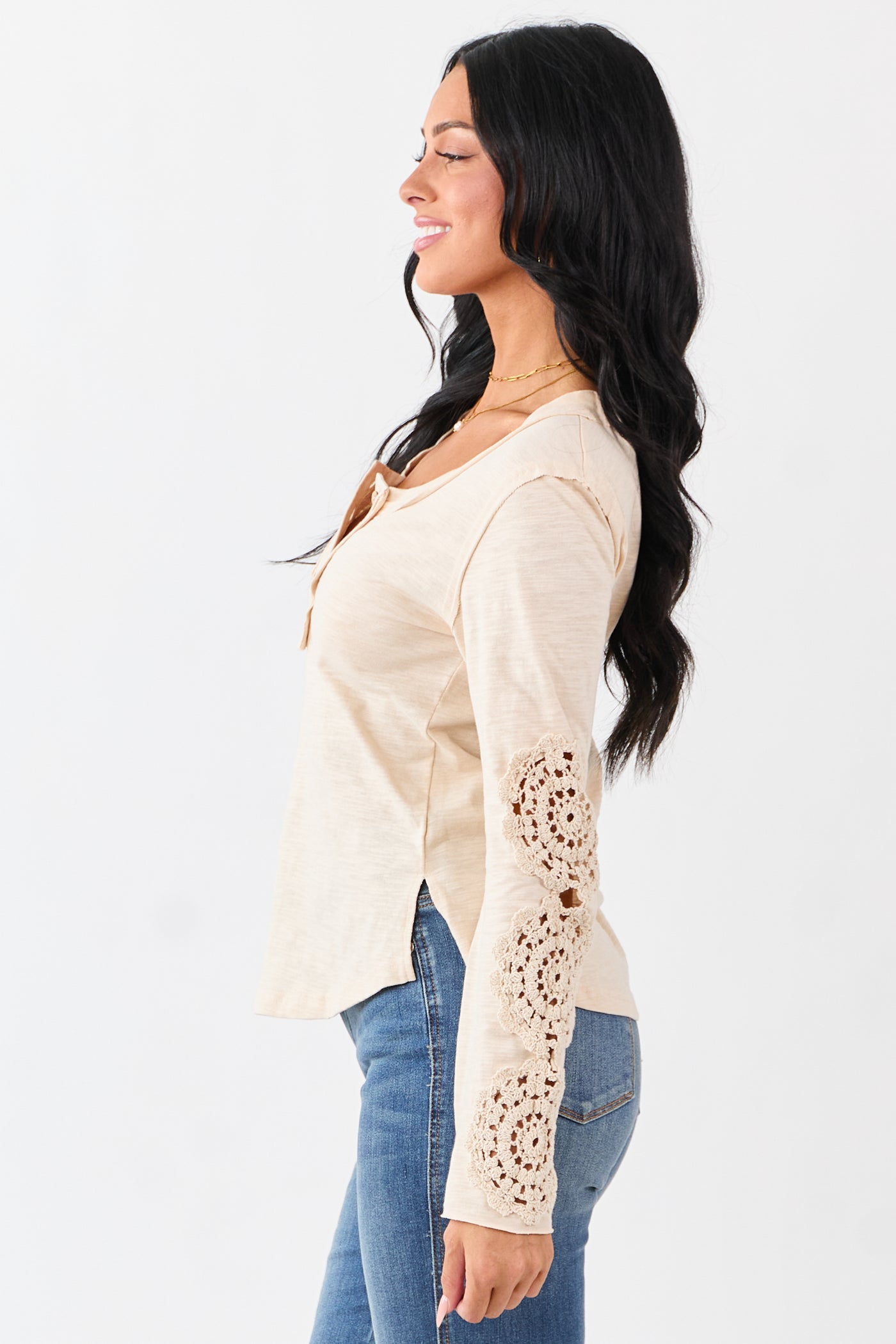 Champagne Crochet Lace Sleeve Henley Cotton Top