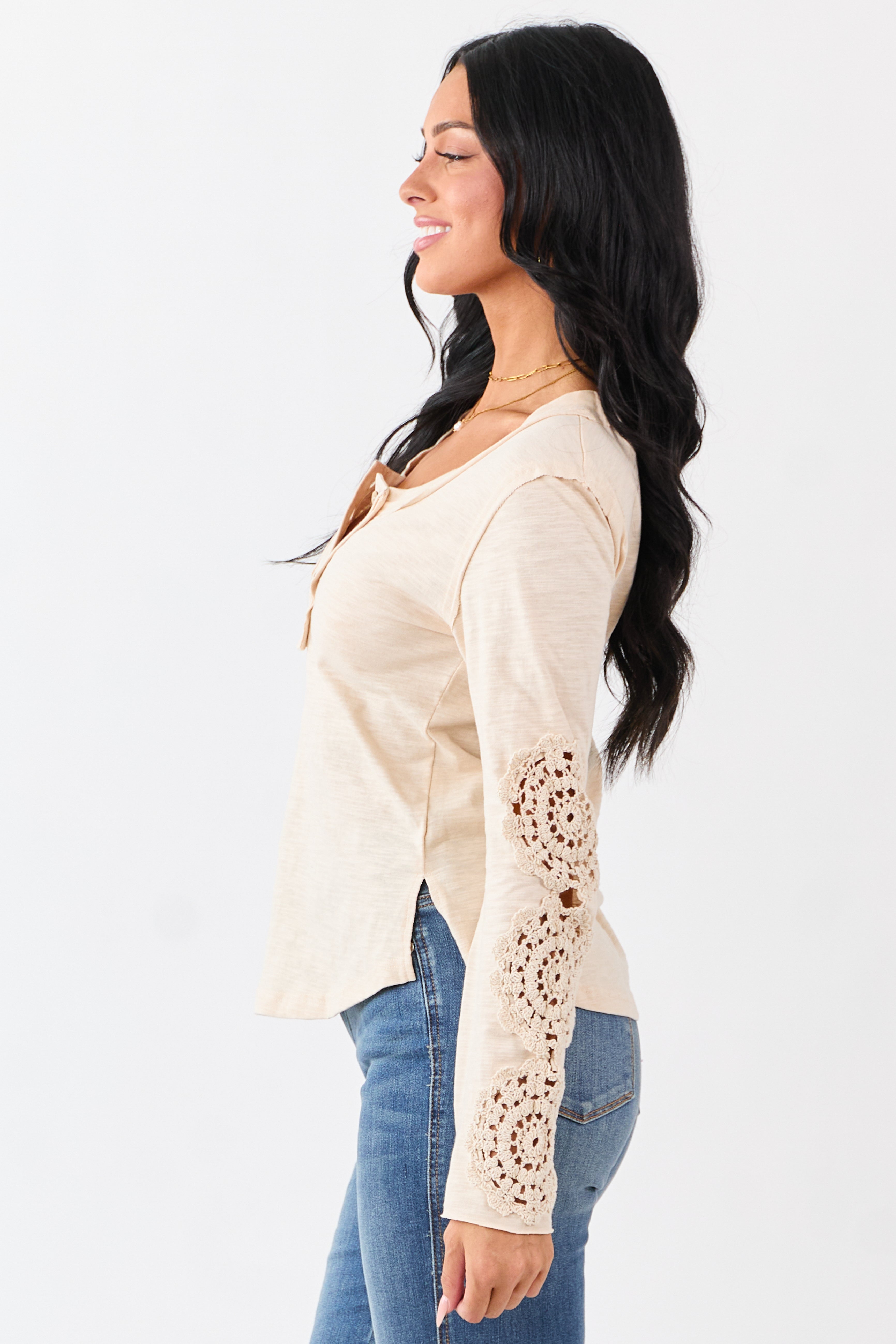 Champagne Crochet Lace Sleeve Henley Cotton Top