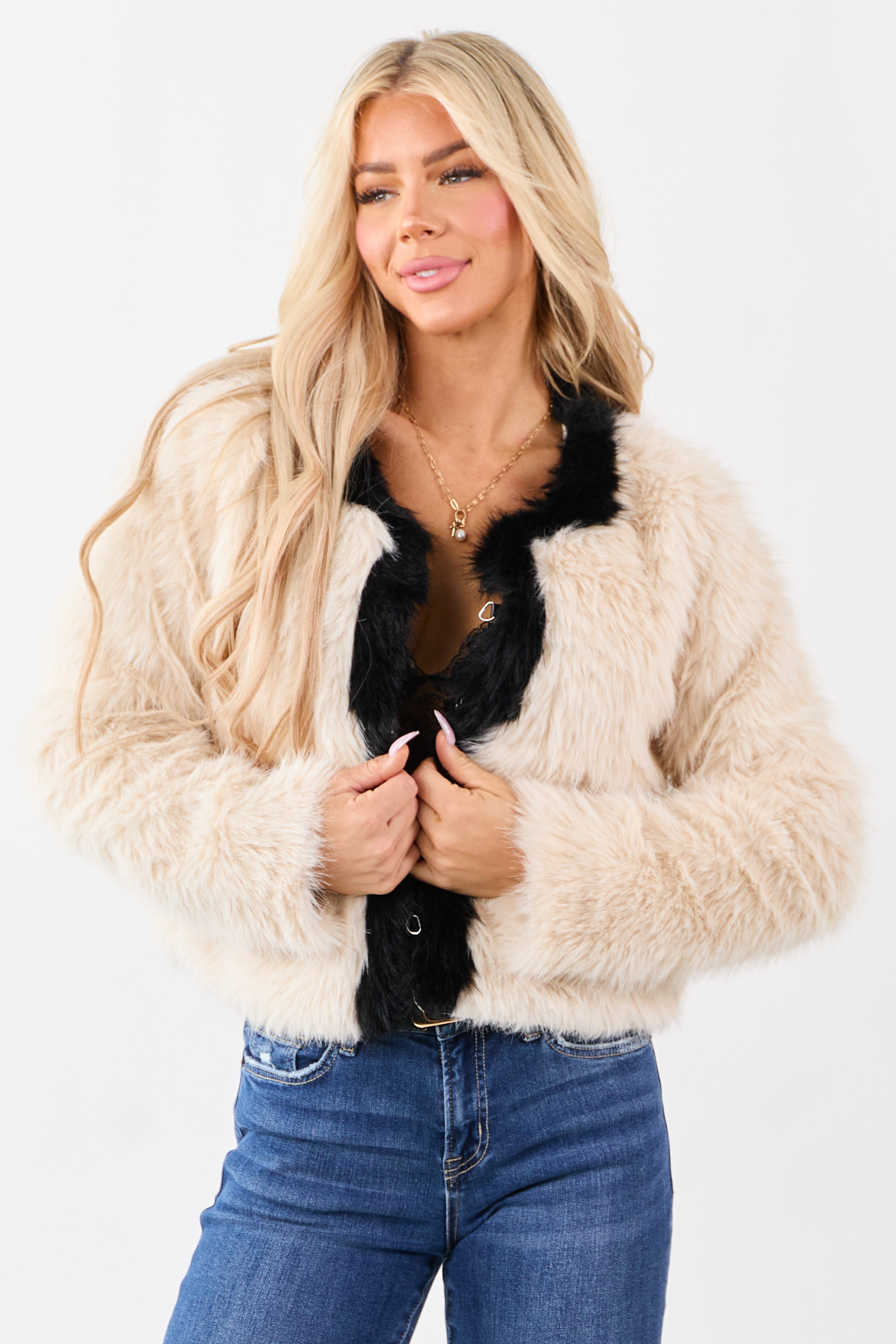 Champagne Faux Fur Contrast Trim Jacket | Lime Lush Boutique