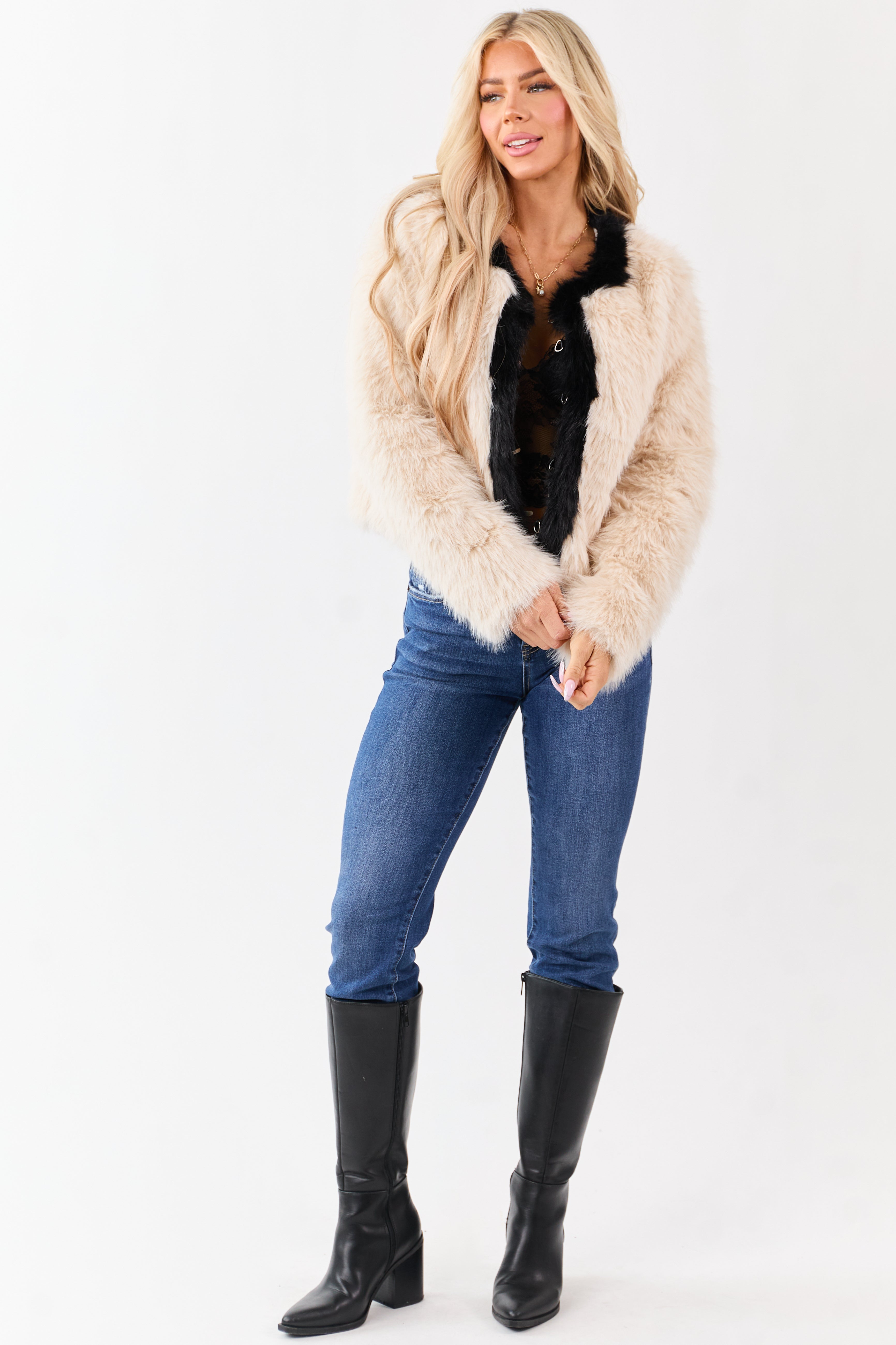 Champagne Faux Fur Contrast Trim Jacket | Lime Lush Boutique