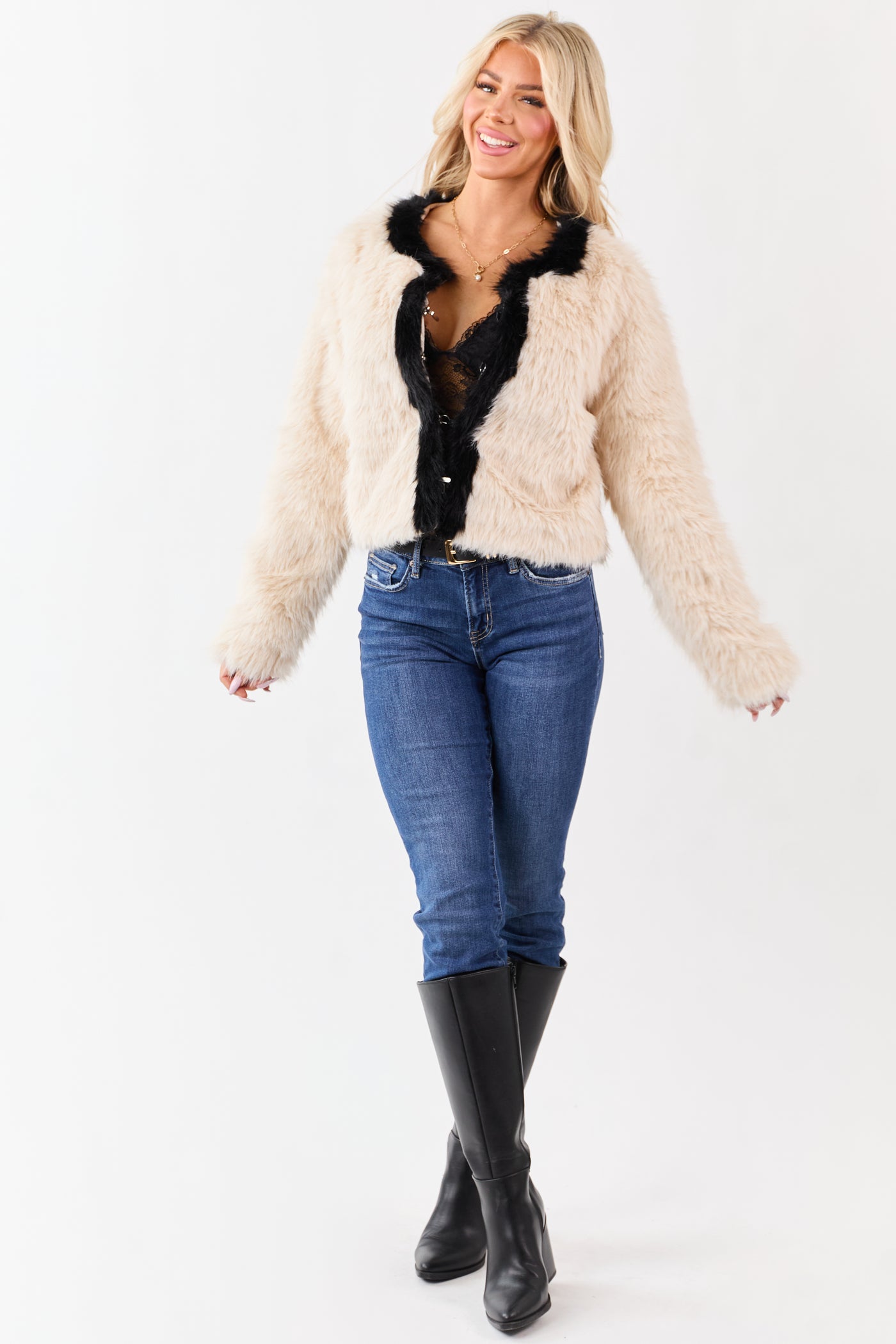 Champagne Faux Fur Contrast Trim Jacket