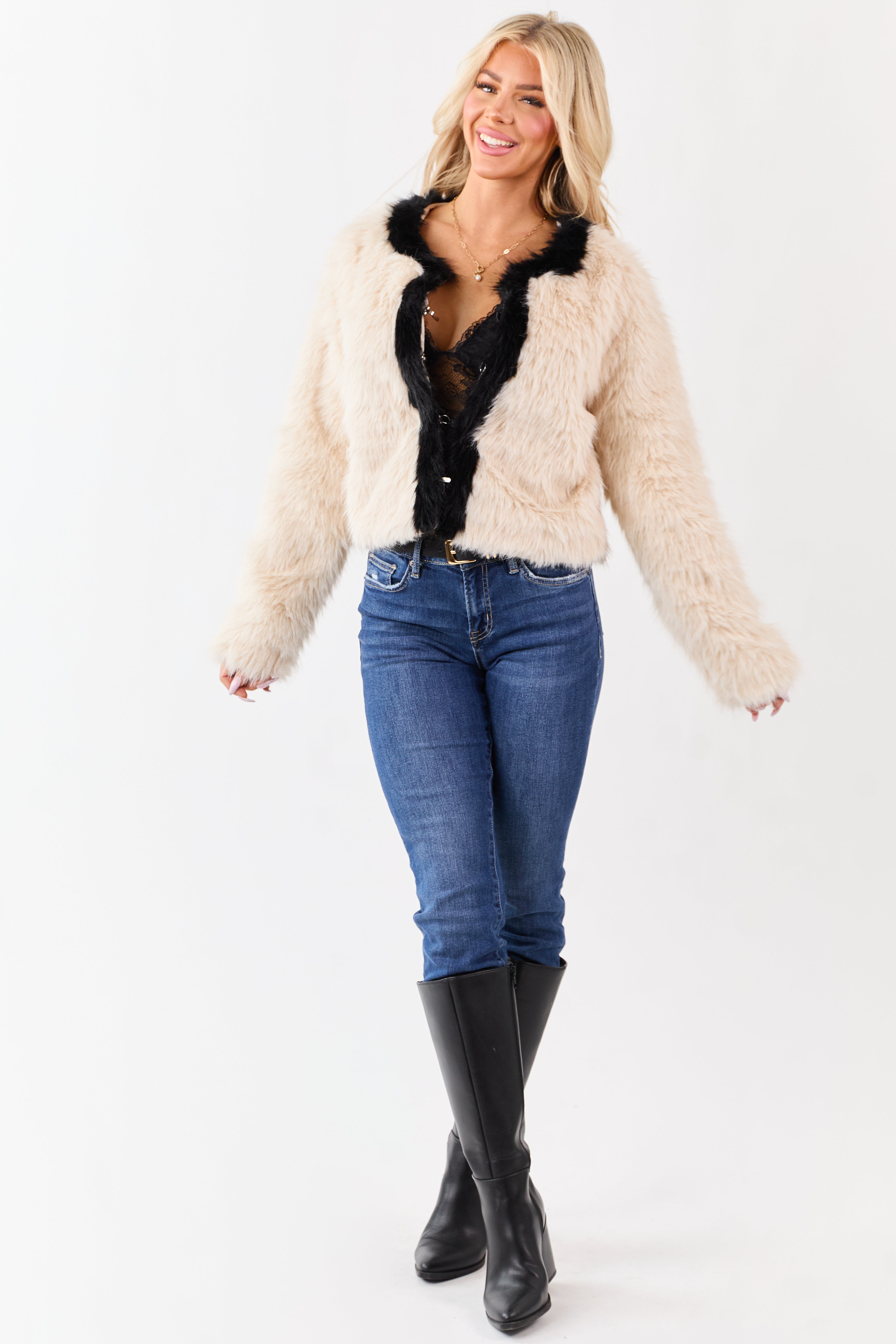 Champagne Faux Fur Contrast Trim Jacket