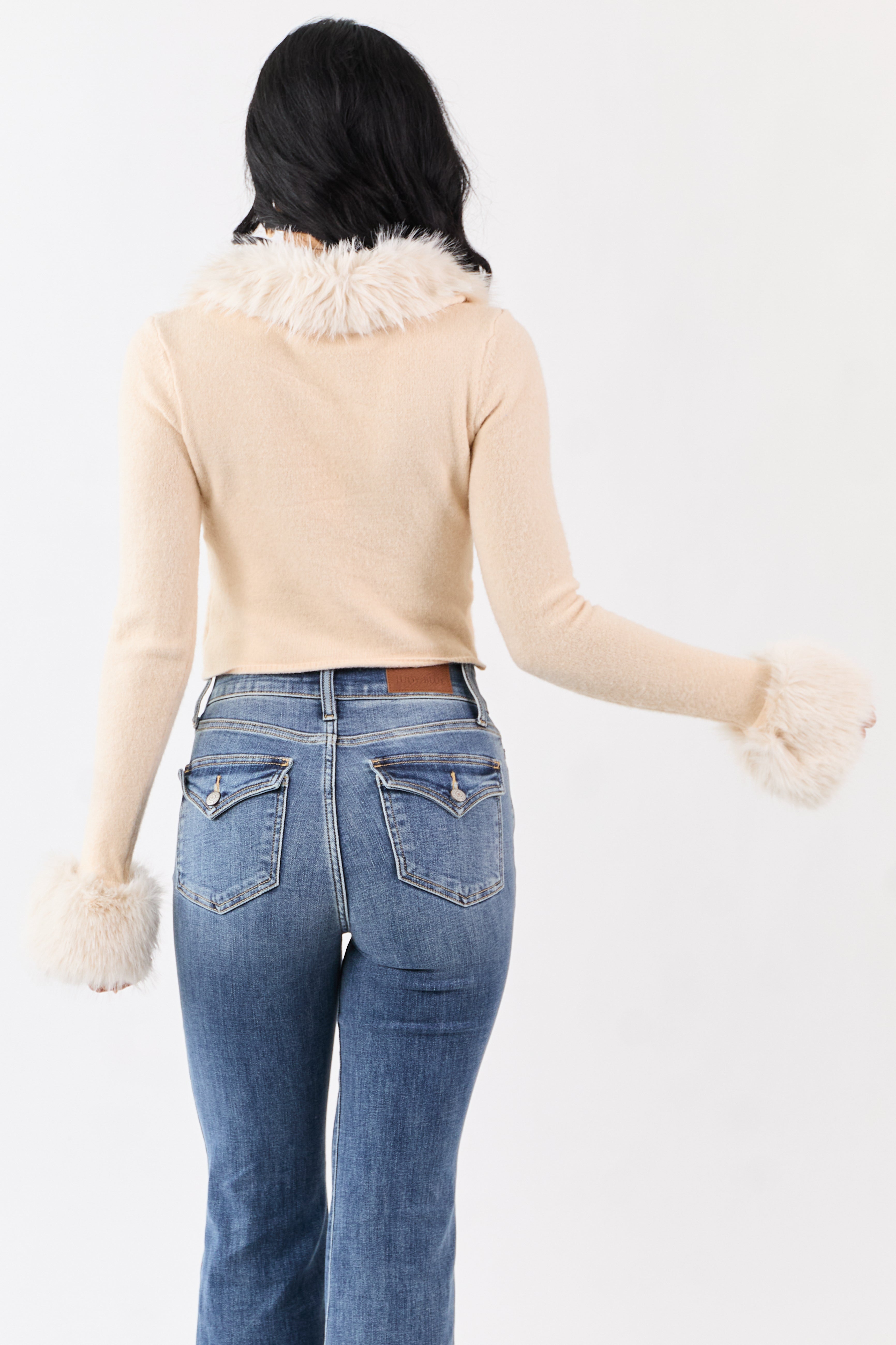 Champagne Faux Fur Trim Cropped Button Up Cardigan | Lime Lush