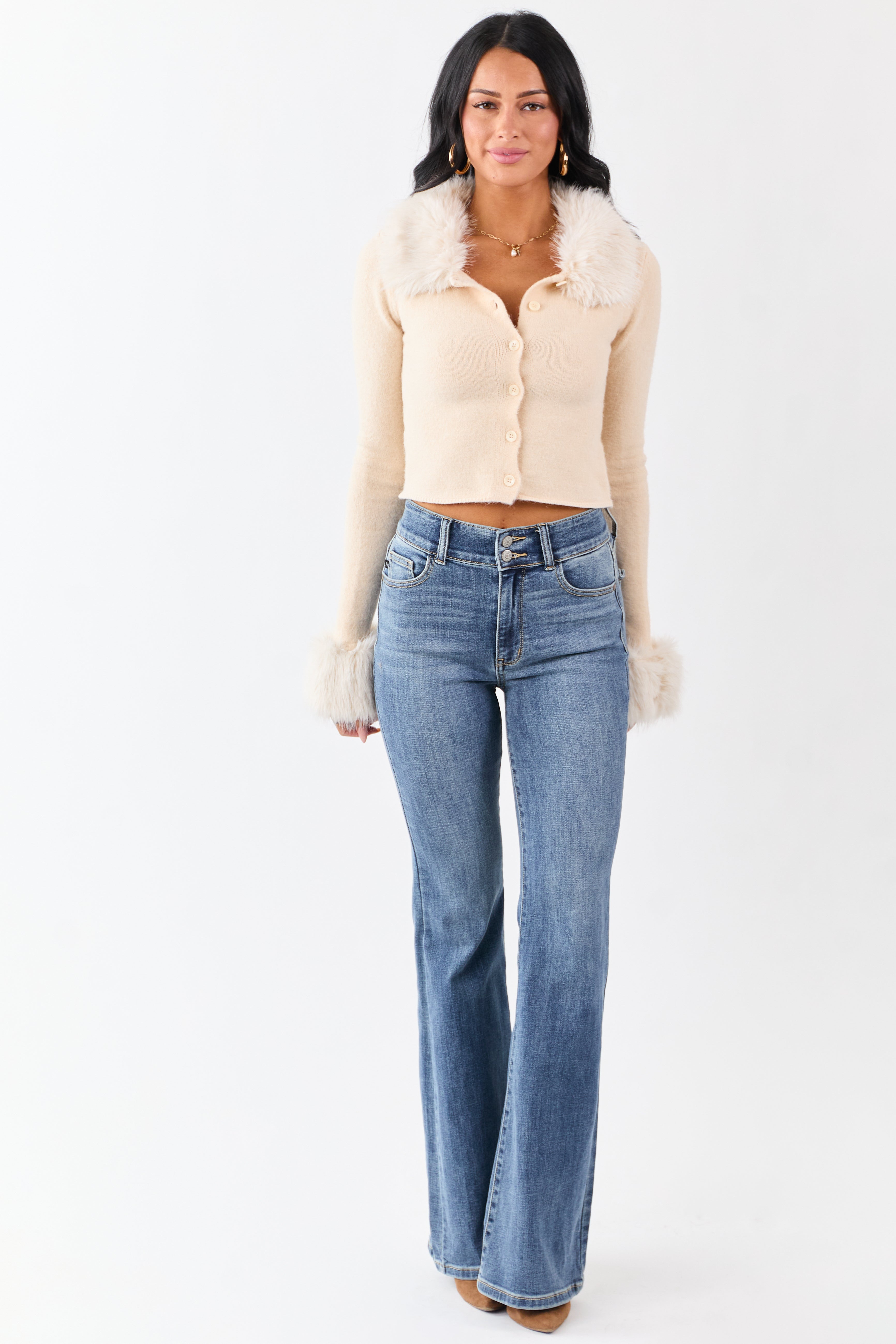Champagne Faux Fur Trim Cropped Button Up Cardigan | Lime Lush
